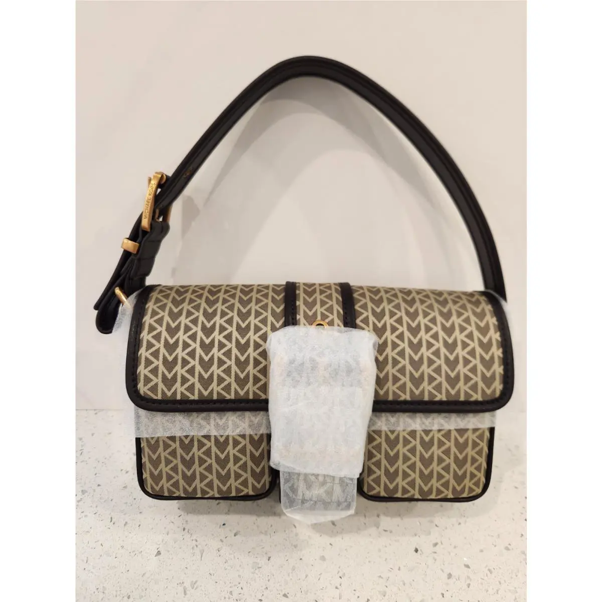 Michael Kors Colby Medium MK2000 Logo Jacquard Shoulder Bag Natural