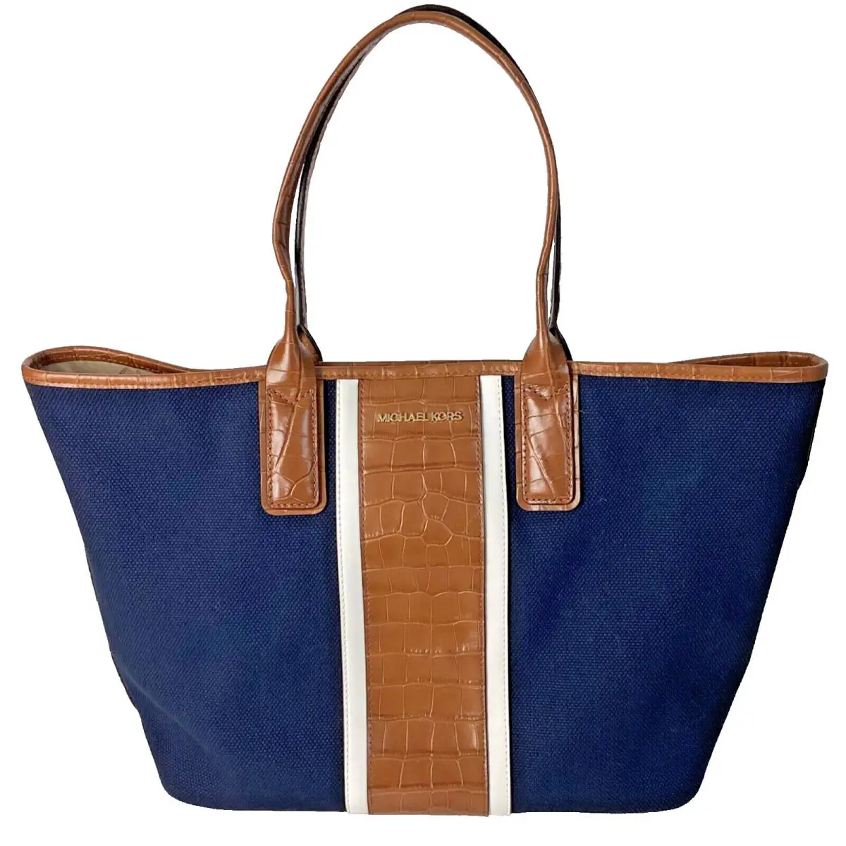 Michael Kors Greenwich Large East West Navy Tote Bag Canvas Croco Brown Trim