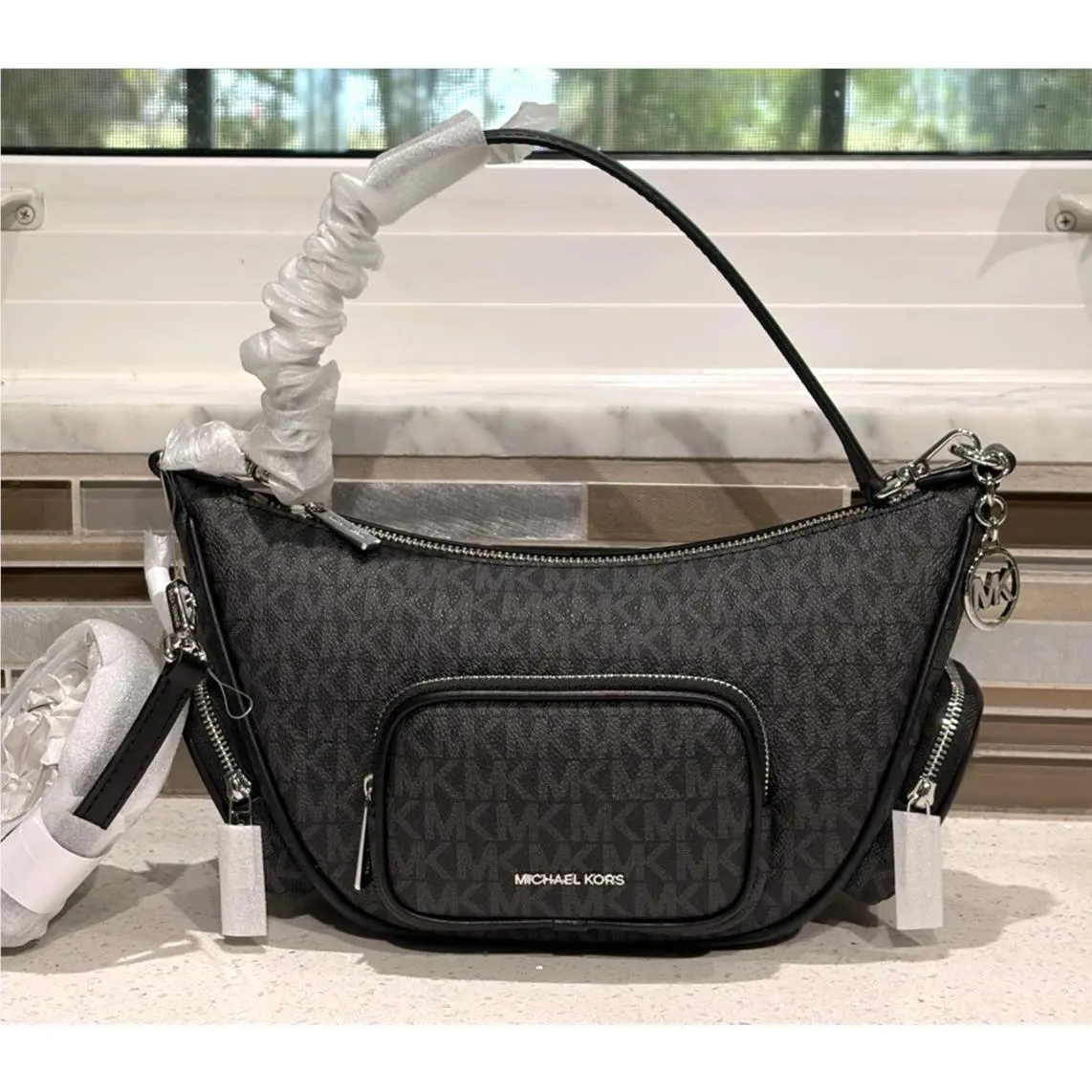 Michael Kors Merritt Small Shoulder Convertible Bag Pockets Hobo MK Black Logo