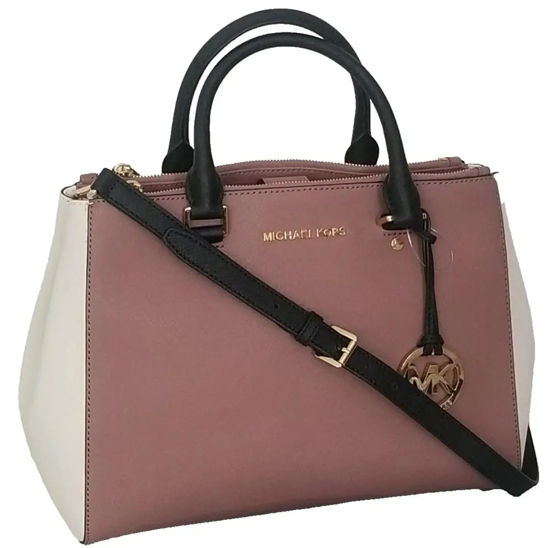 Michael Kors Sutton Rose Black Cream Saffiano Leather Crossbody Bag