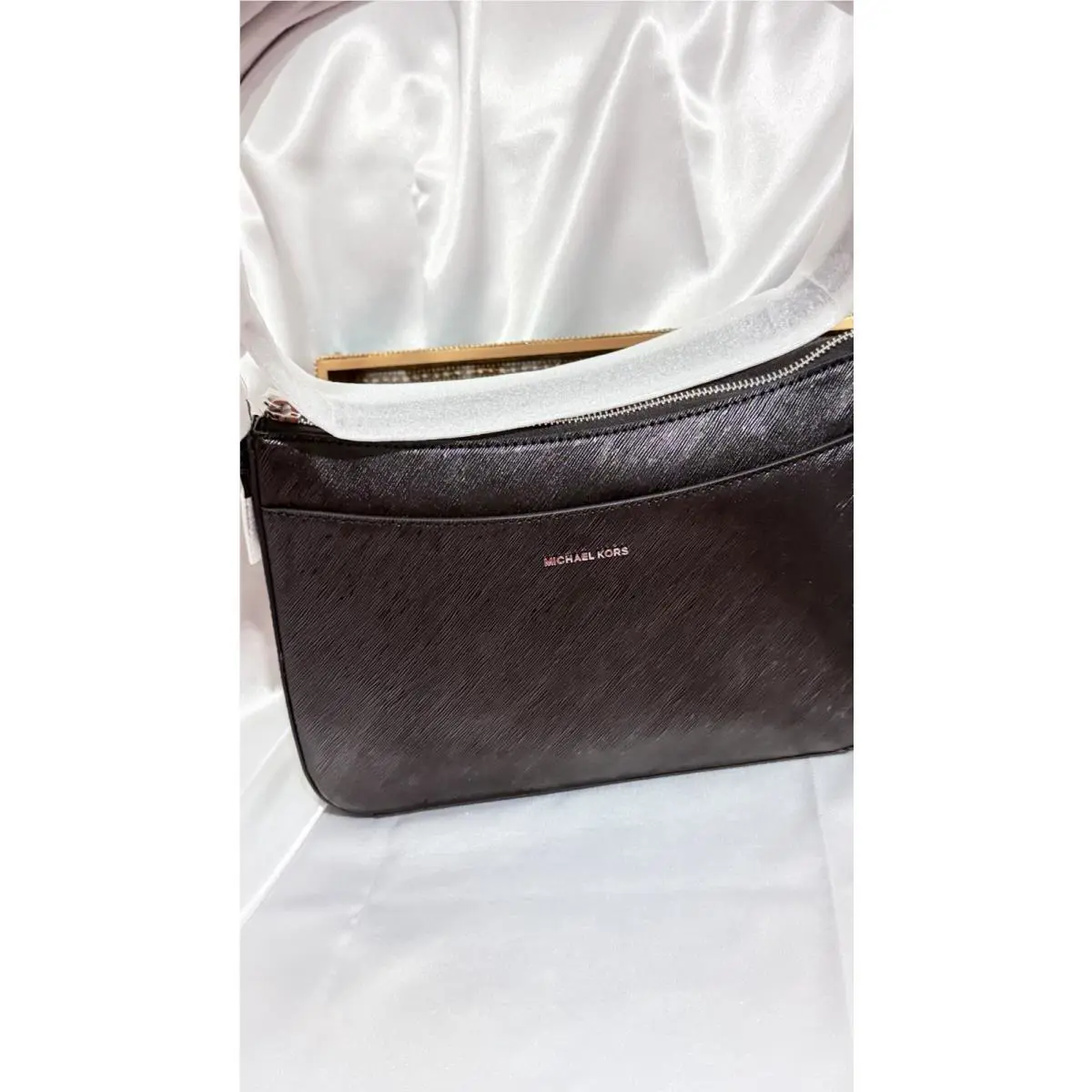Michael Kors Jet Set Medium Top Zip Pochette Xbody Bag Handbag Hobo Black Shiny
