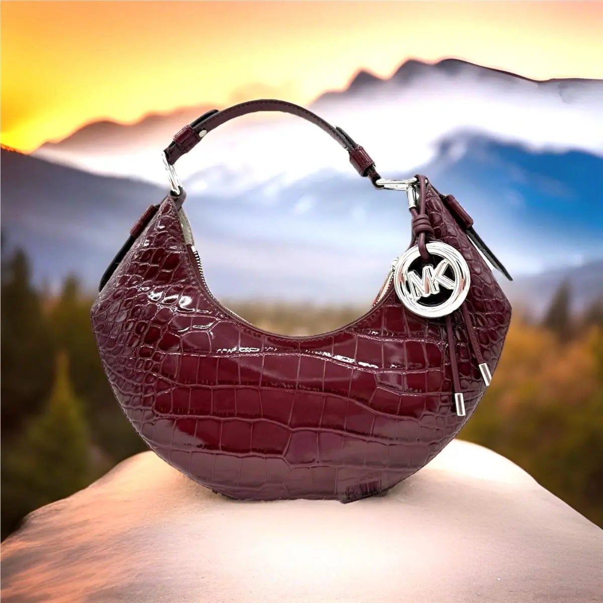 Michael Kors Koa Croc Embossed Leather Shoulder Bag In Oxblood