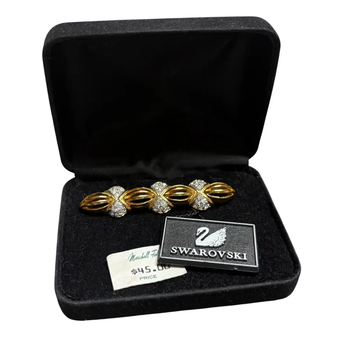 Estate Swarovski Swan “gold Tone Crystal Accent” Bar Brooch-marshall Field’s