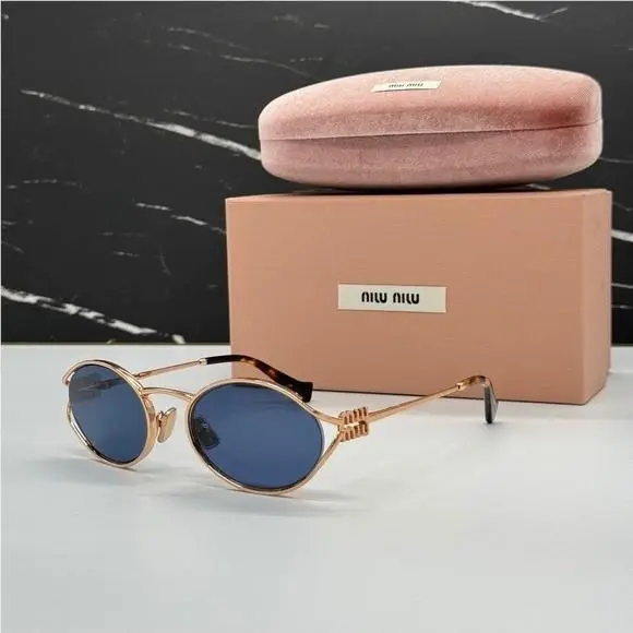 MU52YS ZVF1V1 Miu Miu Smu 52Y ZVF1V1 Gold Blue MU 52YS Oval Women Sunglasses