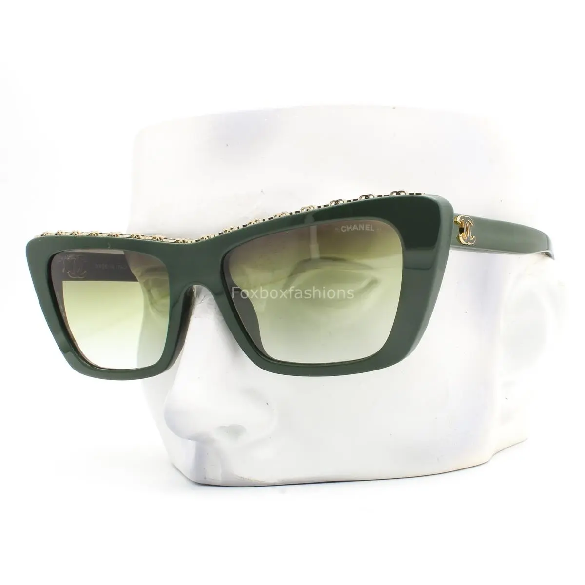 Chanel Sunglasses Dark Green Gold CC Logo Chain Trim ch5540A 1702/E1 with Case
