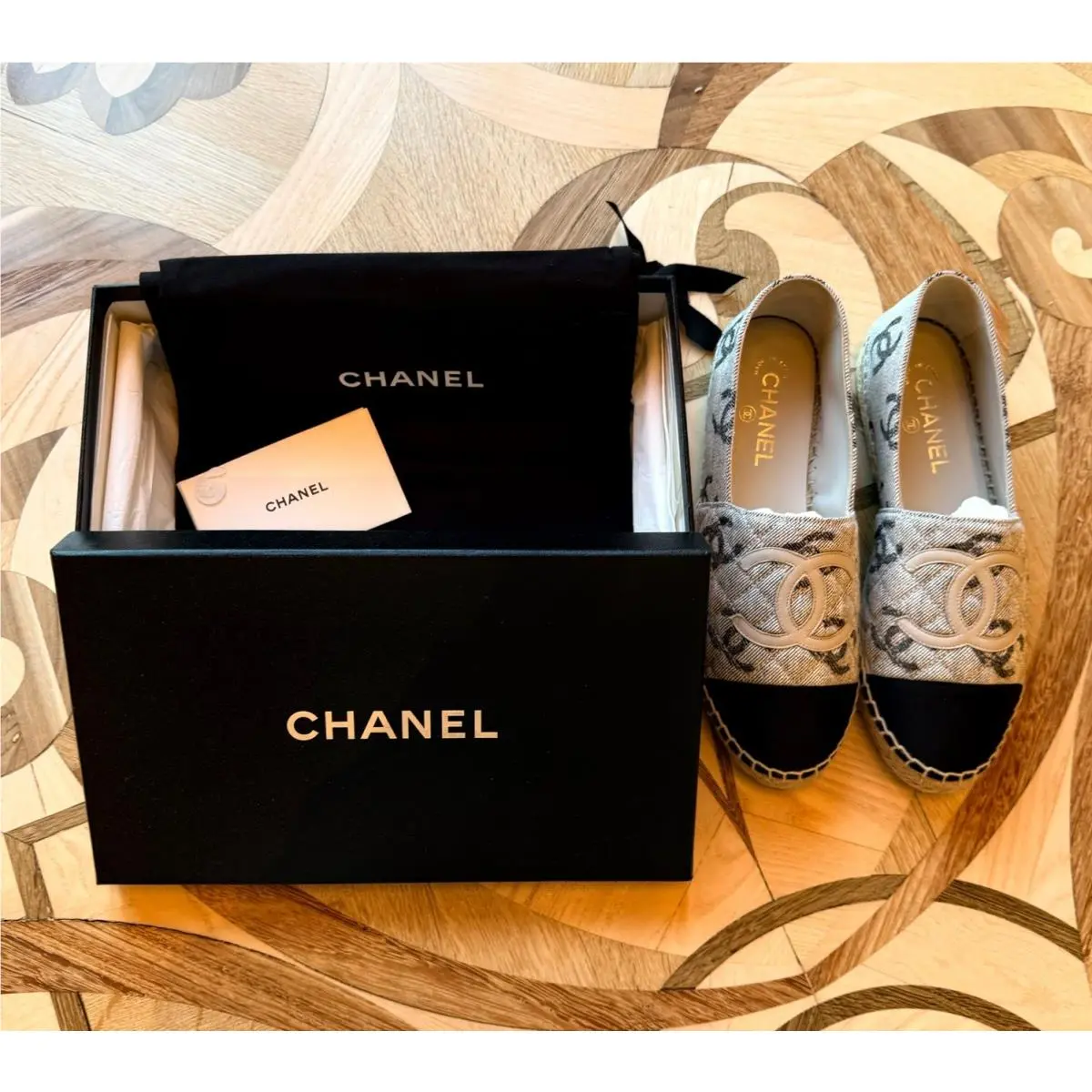 Chanel Espadrilles EU 40 US 9 Black Gray CC Logo Dust Bags Box Card
