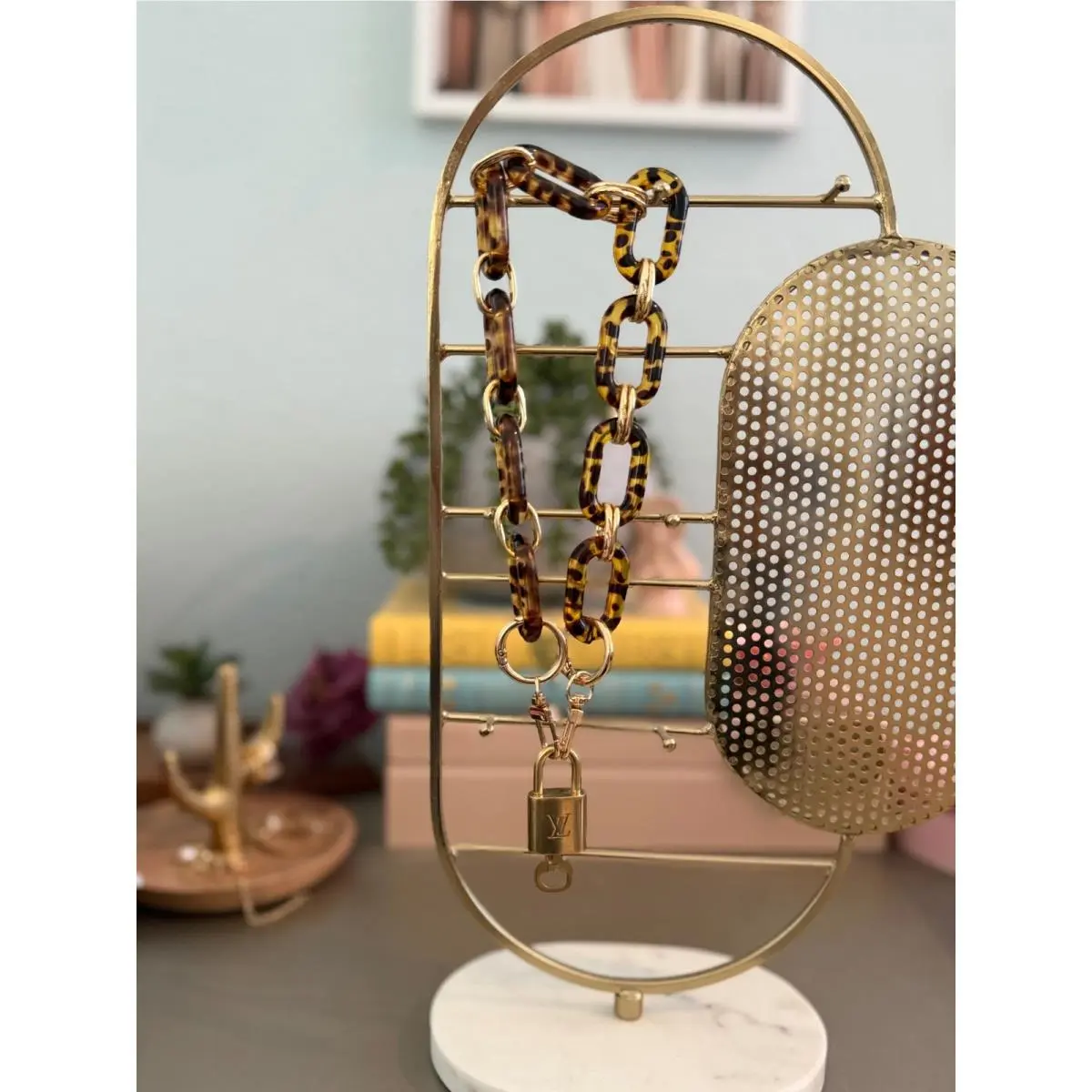 Louis Vuitton Tortoiseshell Chain Lock Bag Charm Keychain Gold Tone