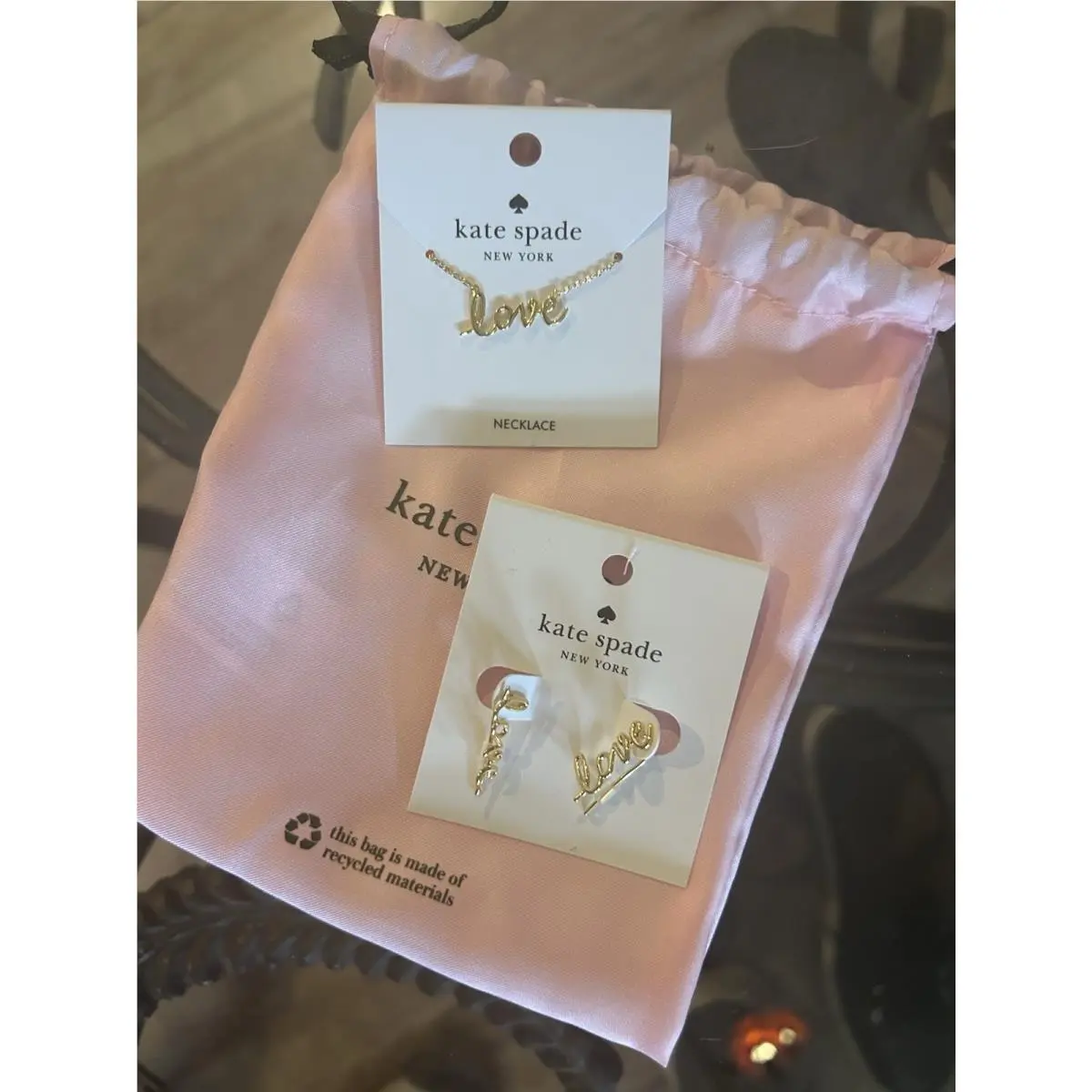 Kate Spade New York Love Jewelry Set Gold Tone Necklace Earrings