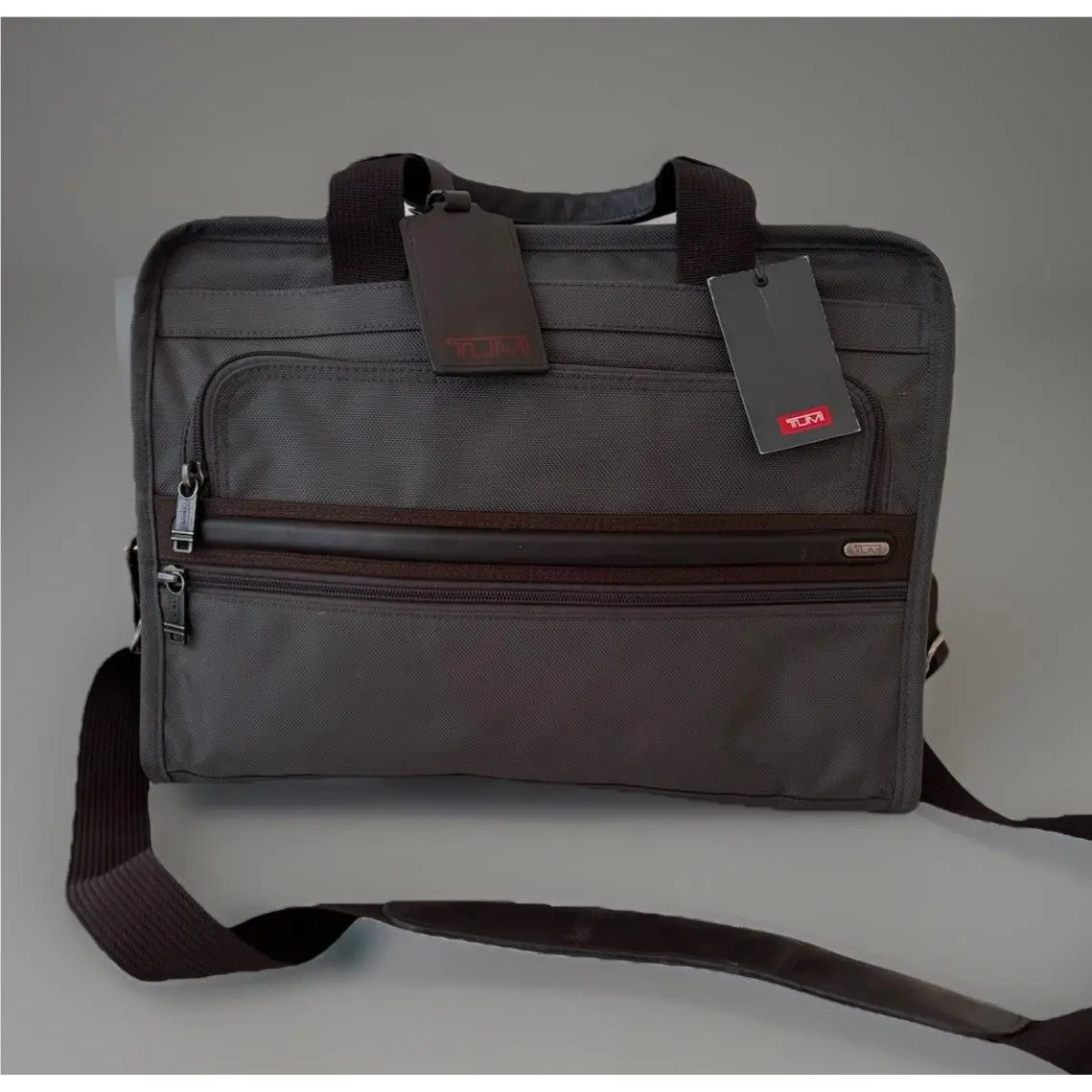Tumi Alpha Slim Deluxe Portfolio Laptop Brief Briefcase - Anthracite Brown