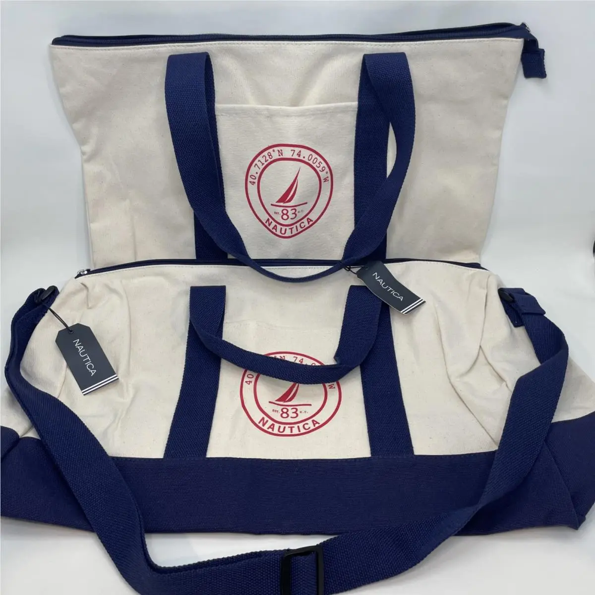 Nautica Jumbo Zippered Tote Overnighter Duffle Bags Canvas Navy Ivory Tags