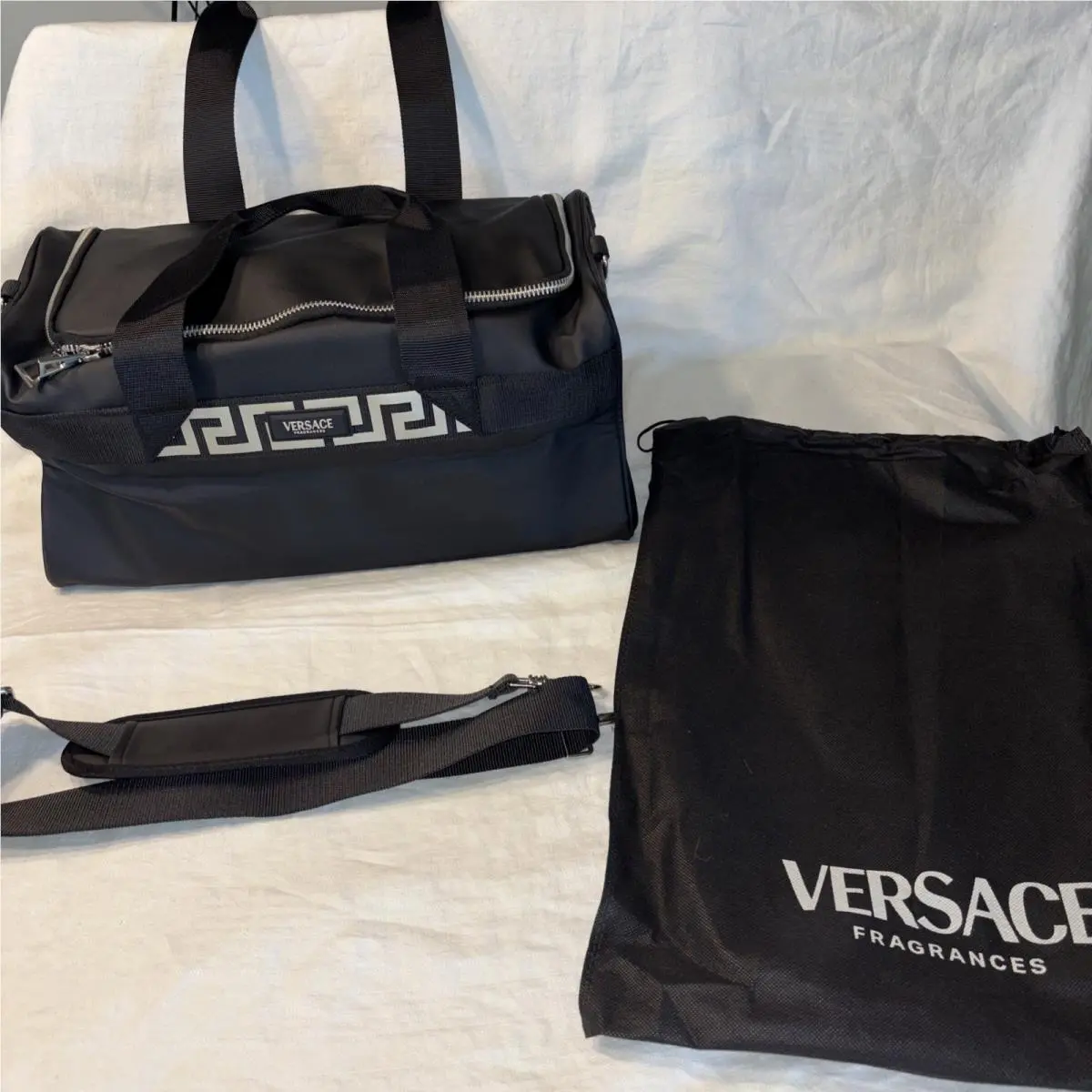 Versace Fragrances Duffle Bag Travel Weekender Gym Black Silver Key Logo