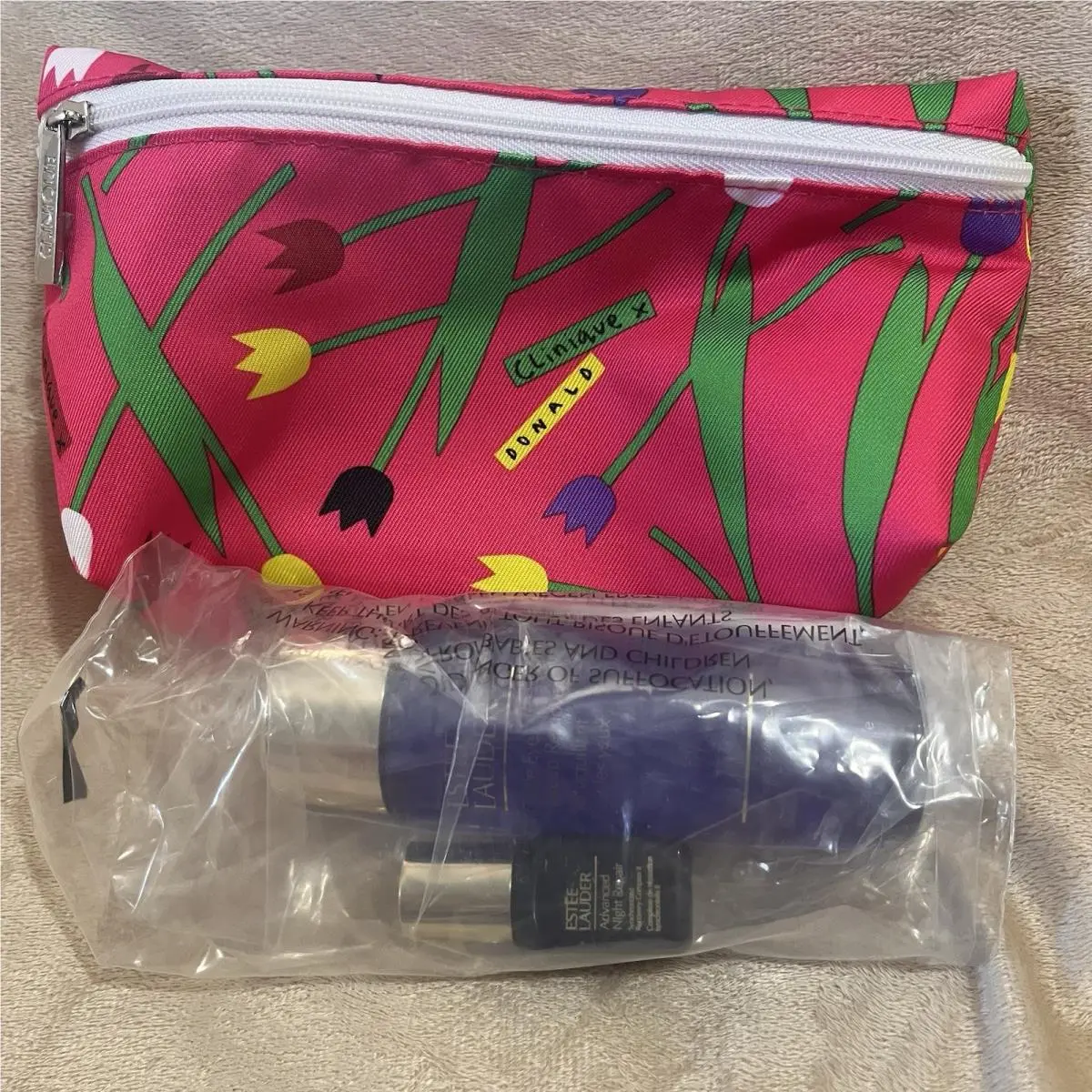 Clinique Tulip Print Bag + Estée Lauder Skincare Set Anr .24oz + Eye Remover
