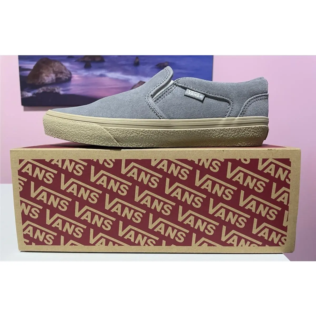 Shoes Men`s 8 Asher Crepe Frost Gray Slip On Sneakers Suede Casual by Vans