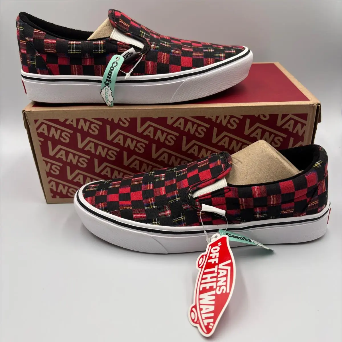 Vans Comfycush Slip-on Plaid Checkerboard Red Black Sneakers Mens 6