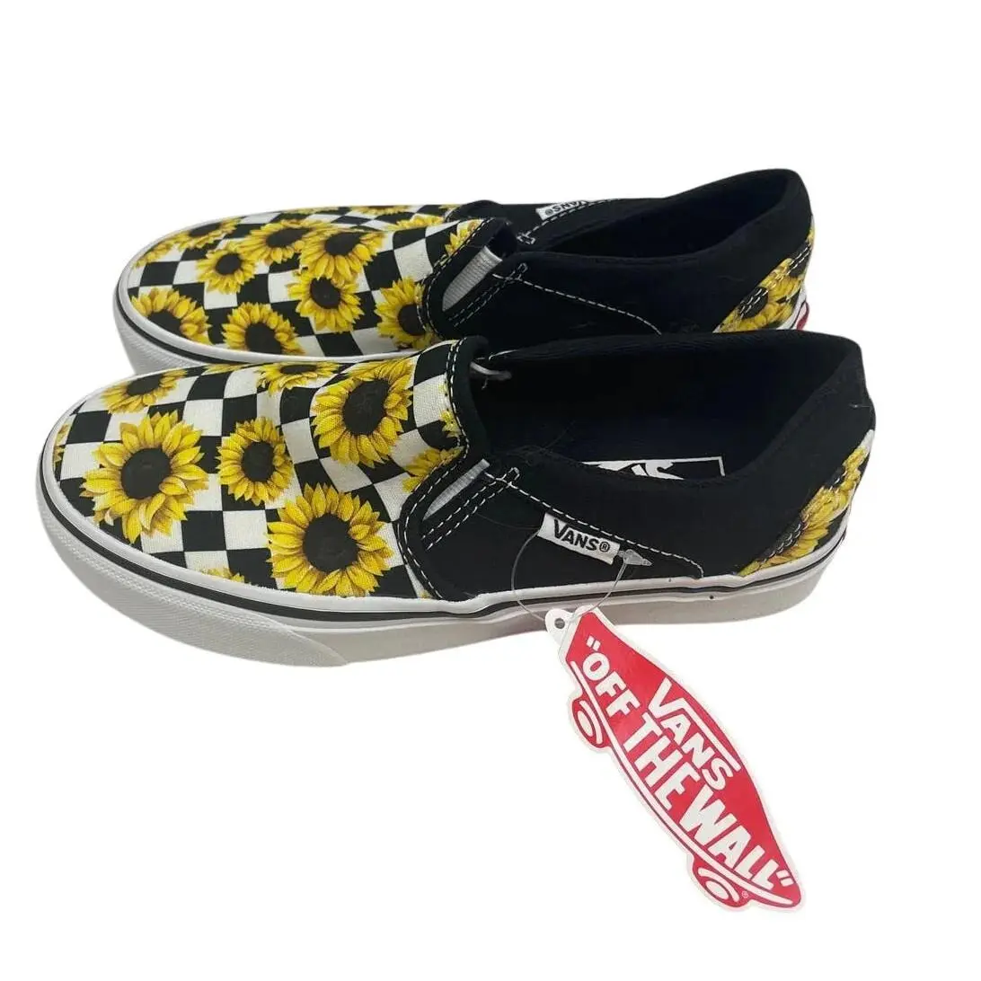 Vans Womens Size 5 Asher Sunflower Checker Slip On Loafer Shoes