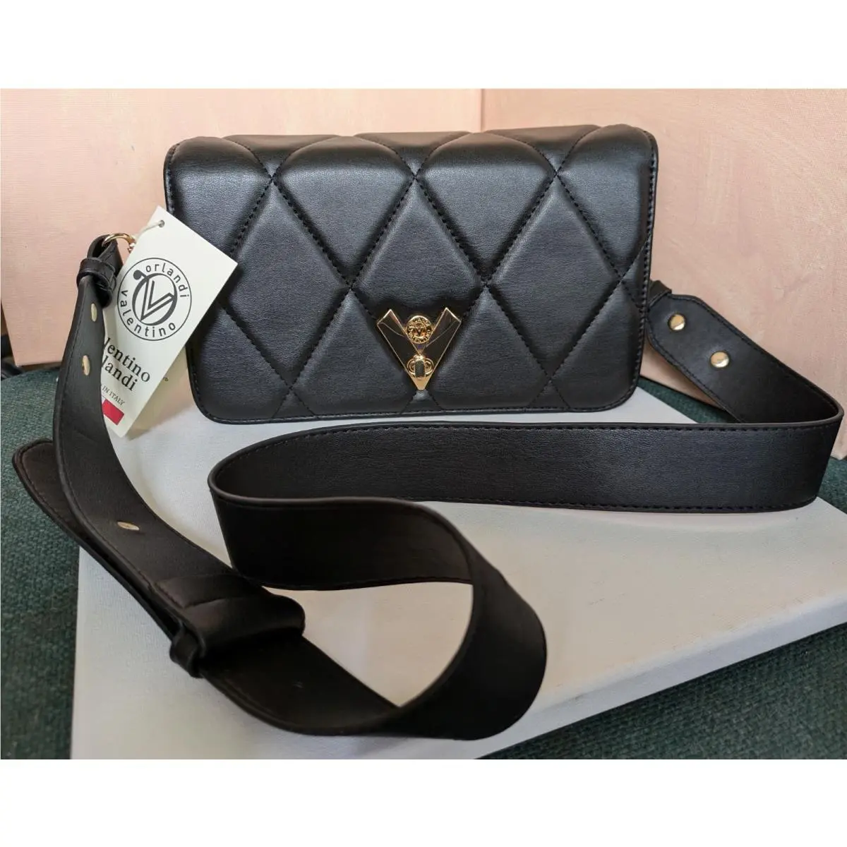 Valentino Orlandi Diamond Crossbody Shoulder Black Bag
