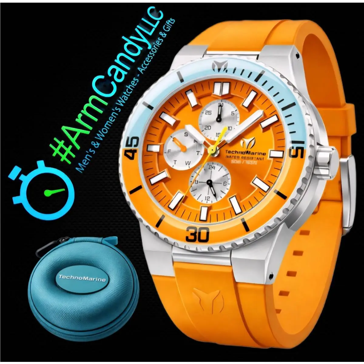 43mm Technomarine La Pelagia Orange/blue/silver Silicone Straps Dive Case