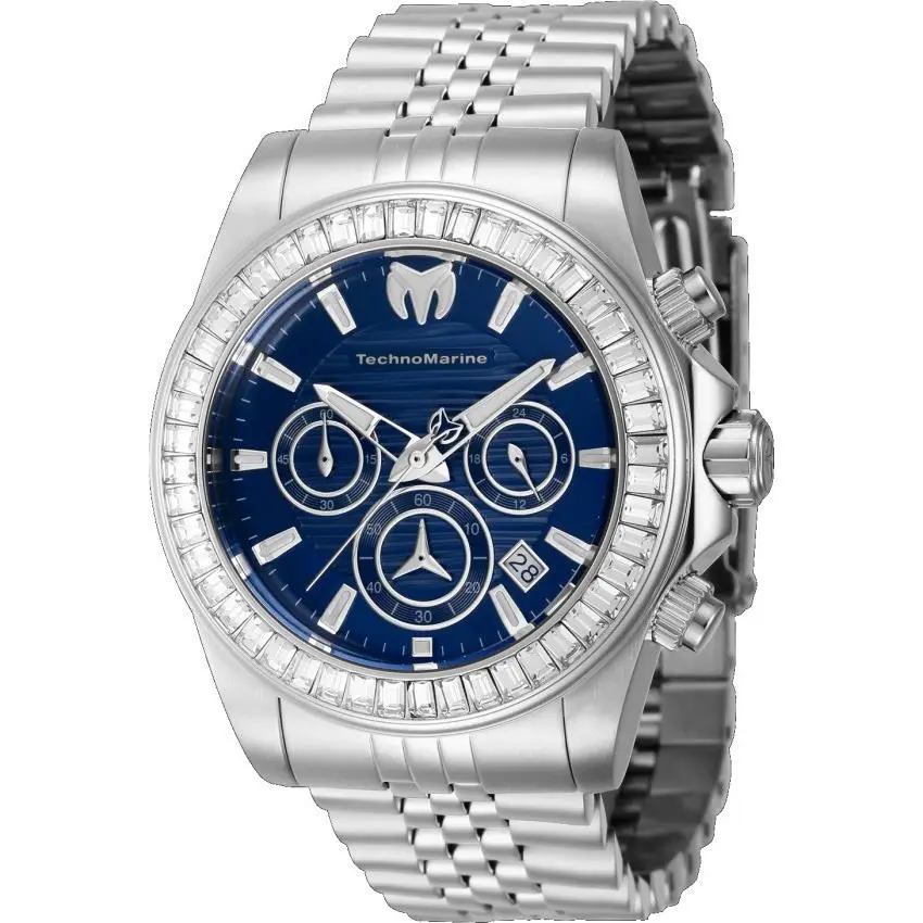 Technomarine Manta Ray Lux Mens 42mm 48 Crystals Blue Chrono Watch TM-222017 - Dial: Blue, White, Band: Silver, Bezel: Silver, White