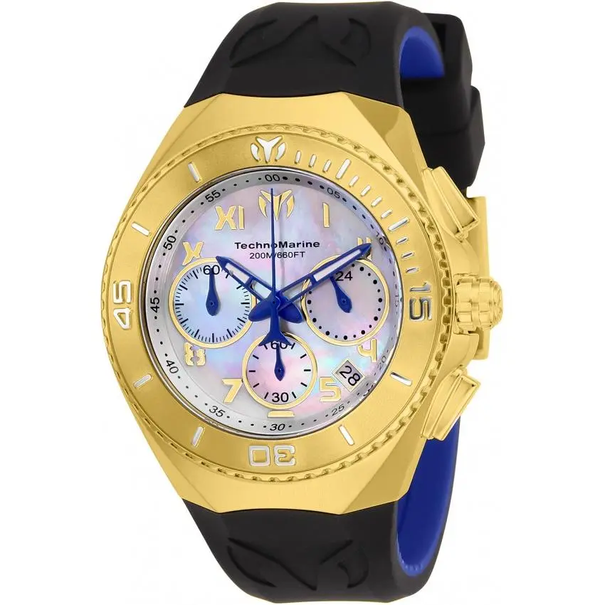 Technomarine Ocean Manta Mid-size Mens 40mm Mop Gold Chronograph Watch TM-218022 - Dial: Multicolor, White, Band: Black, Blue, Bezel: Gold, Silver, Yellow