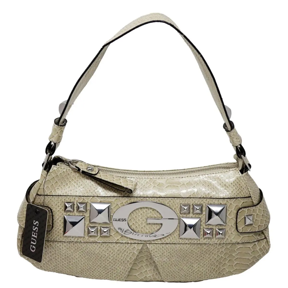 Guess Y2K Women`s Ivory Beige Patent Croc-emboss Stud Hobo Bag Purse Handbag