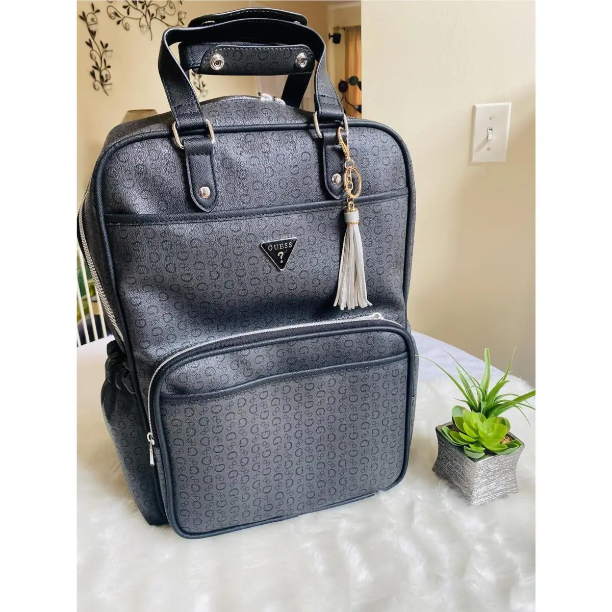 Guess Black and Dark Brown Logo Print Backpack with Tassel Accent