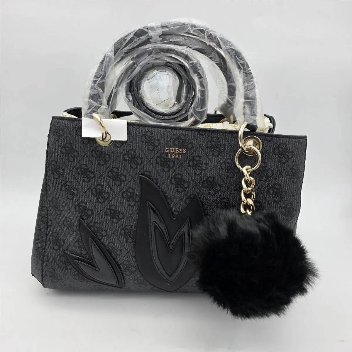Guess Women`s Jaden Gray Coal Print Logo Floral Detail Satchel Handbag Purse
