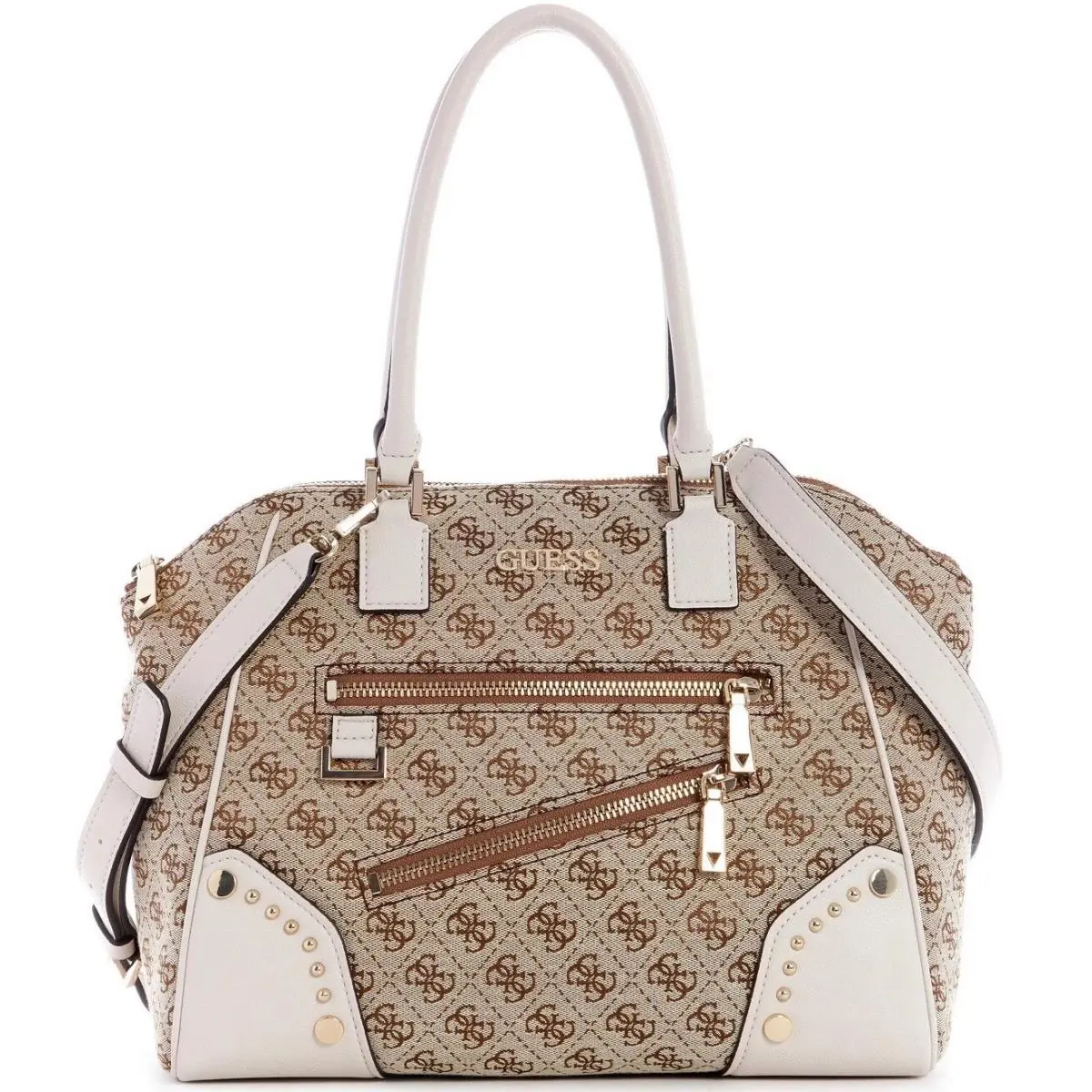 Guess Women`s White Brown Logo Jacquard Satchel Crossbody Bag Tote Handbag