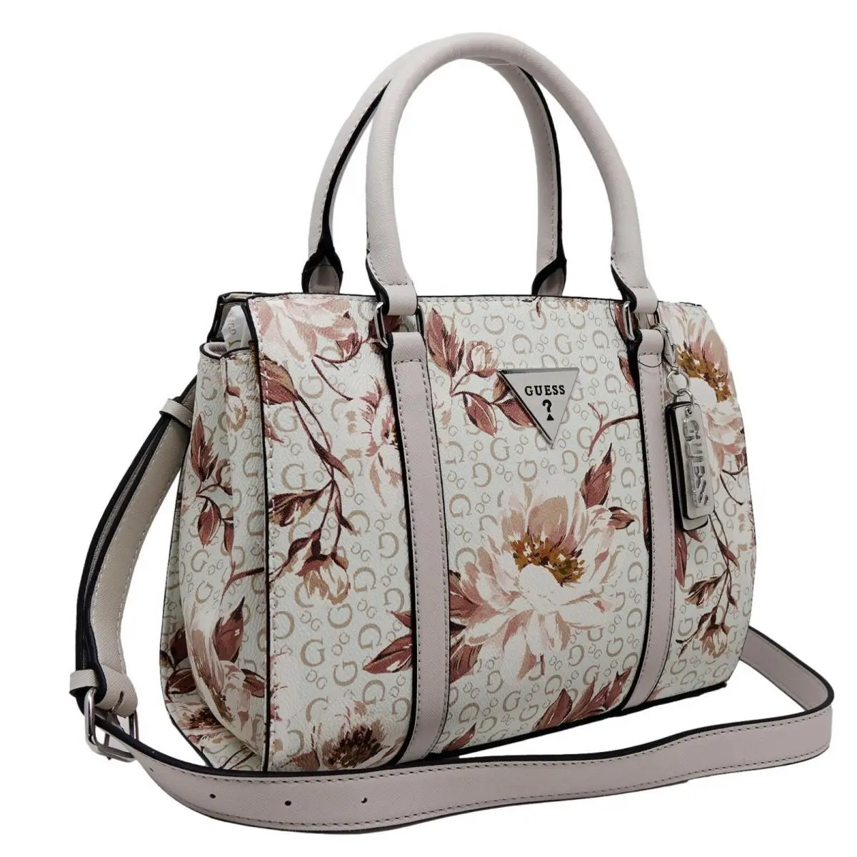 Guess White Floral Print Medium Satchel Crossbody Bag Handbag Purse