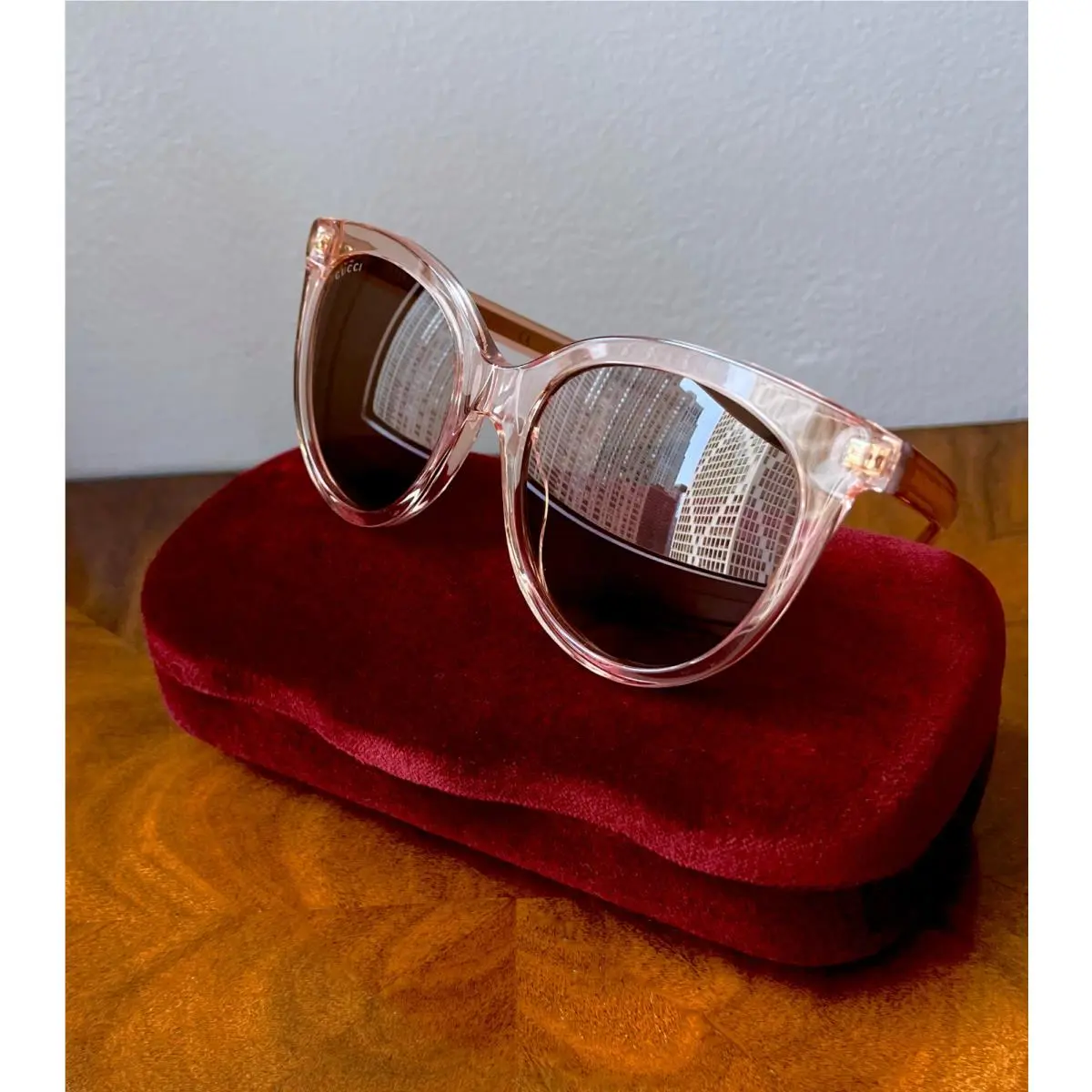 Seasonal Icon Pink Transparent Frame W/ Brown Lens Cat Eye Sunglasses by Gucci