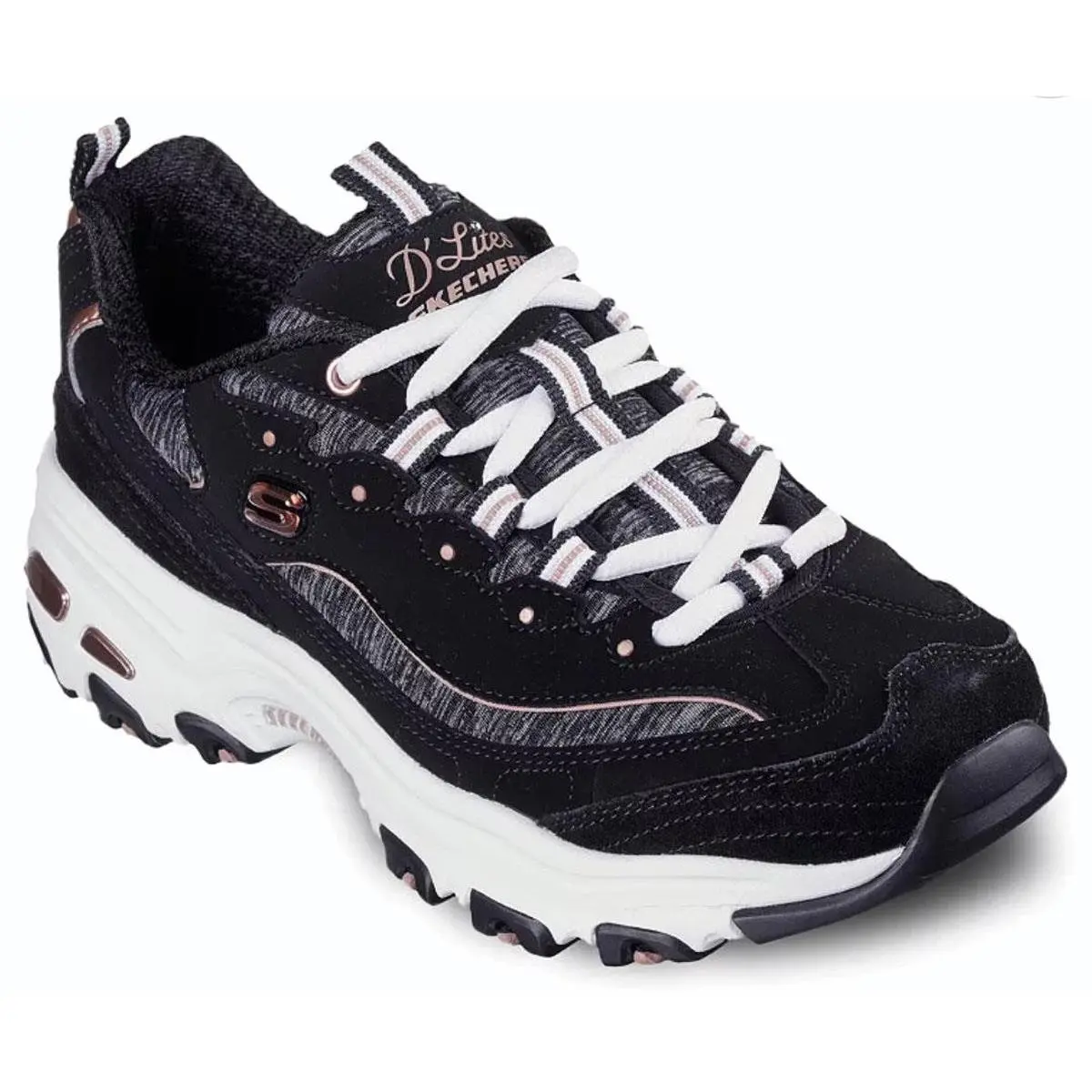 Skechers Women`s D`lites Memory Foam Sneakers in Black with Rose Gold Med Wide