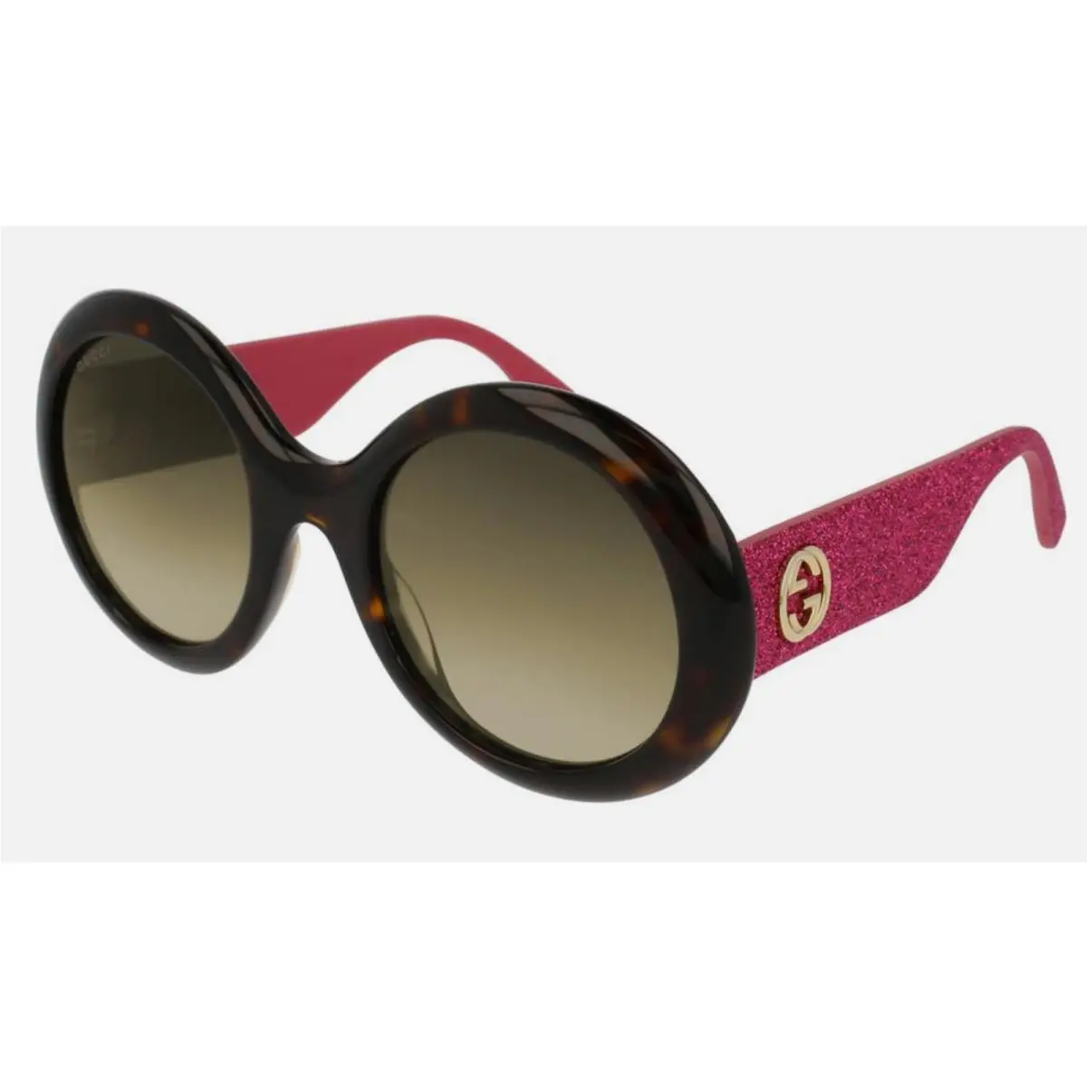 Gucci Round Oversize 53mm Dark Havana Tortoise Pink Glitter Arms Sunglasses