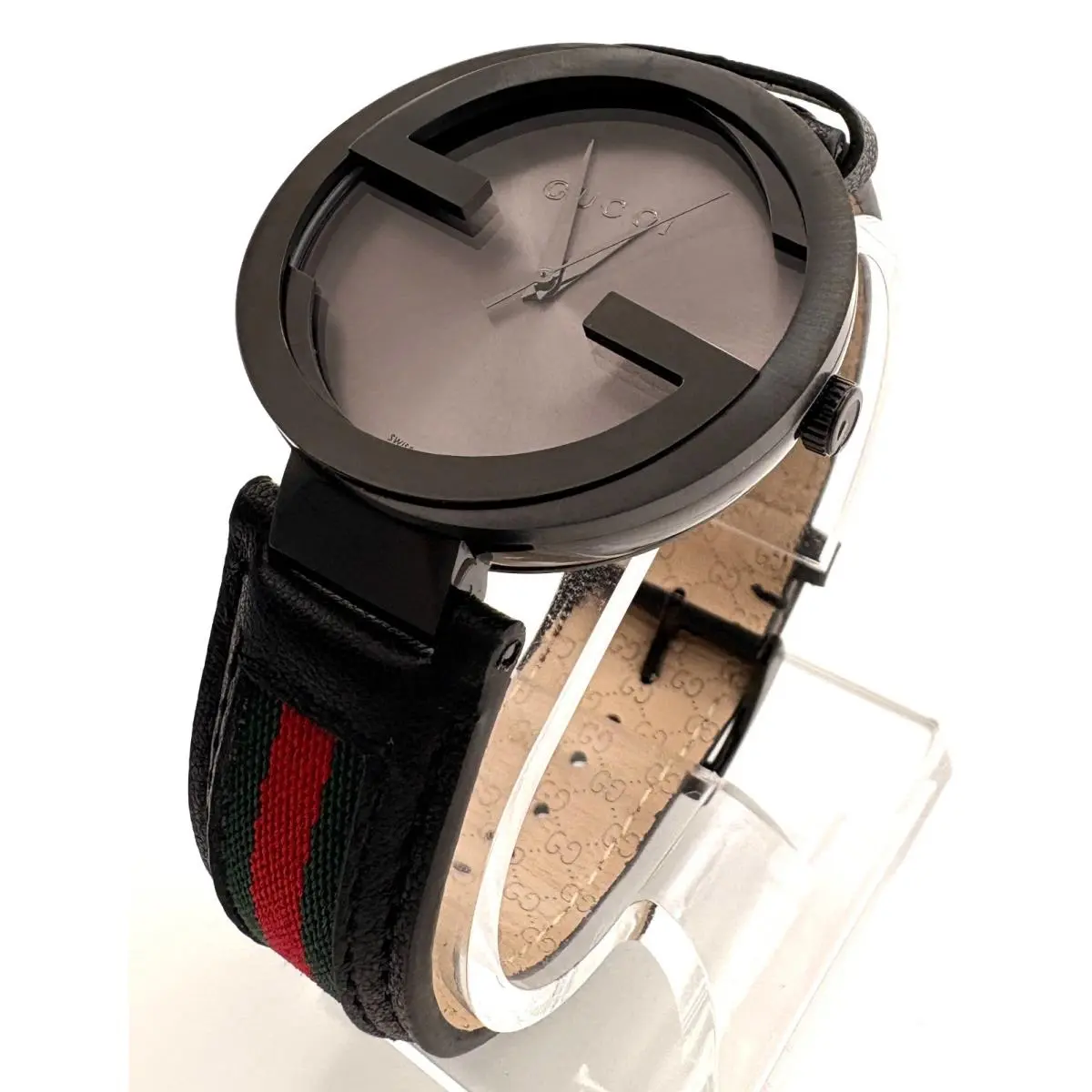 YA133206 Men`s Interlocking Black Leather Strap with Red and Green 42mm by Gucci