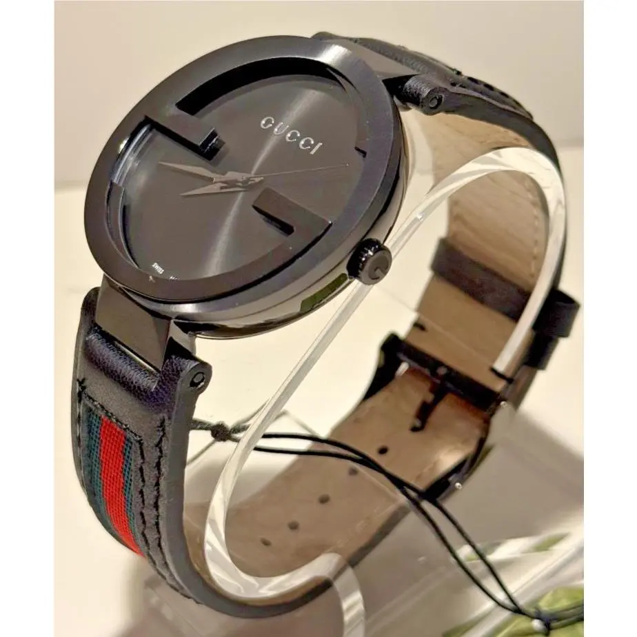 Gucci Interlocking G XL Black Dial Red Green Leather Strap Watch YA133206