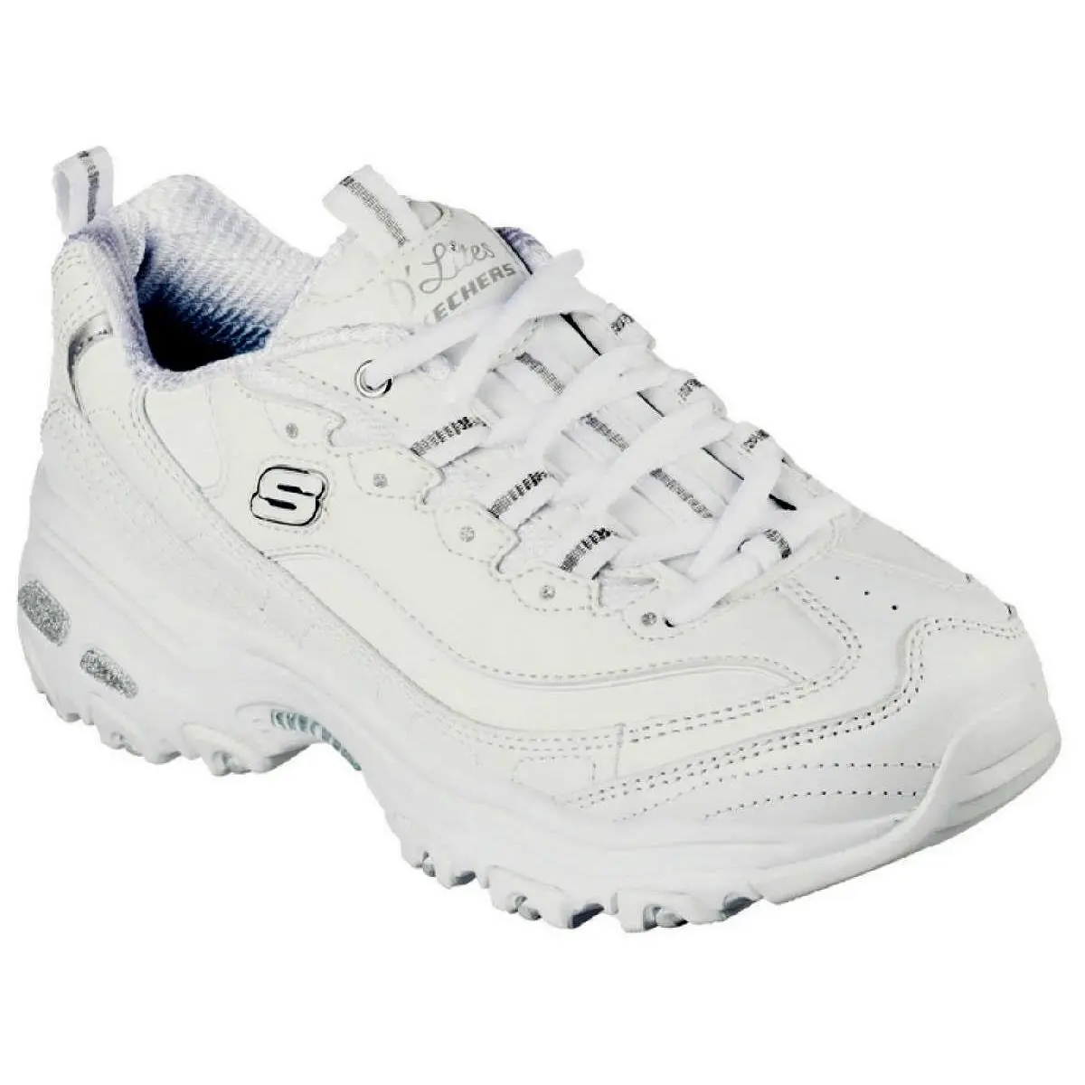 Skechers Women`s D`lites Lightweight Memory Foam Sneakers in White Med Wide