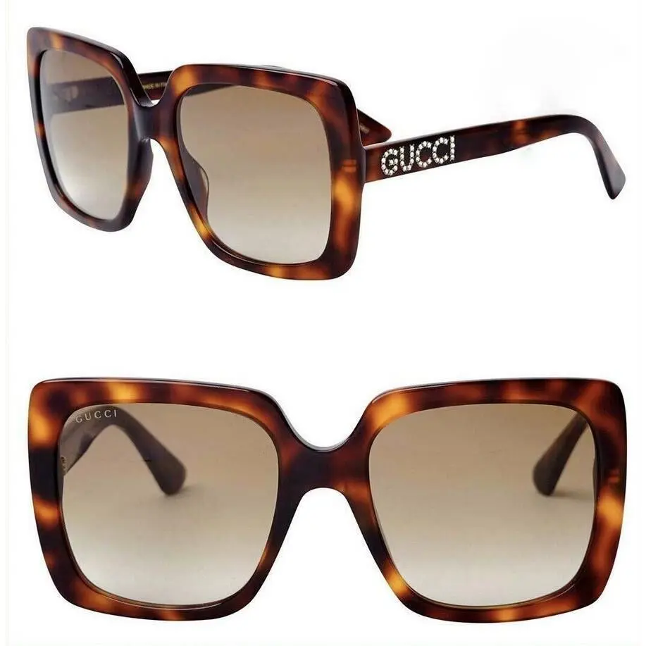 Gucci Narrow Fit Havana 53mm Square Frame W/crystal Gucci Logo Sunglasses