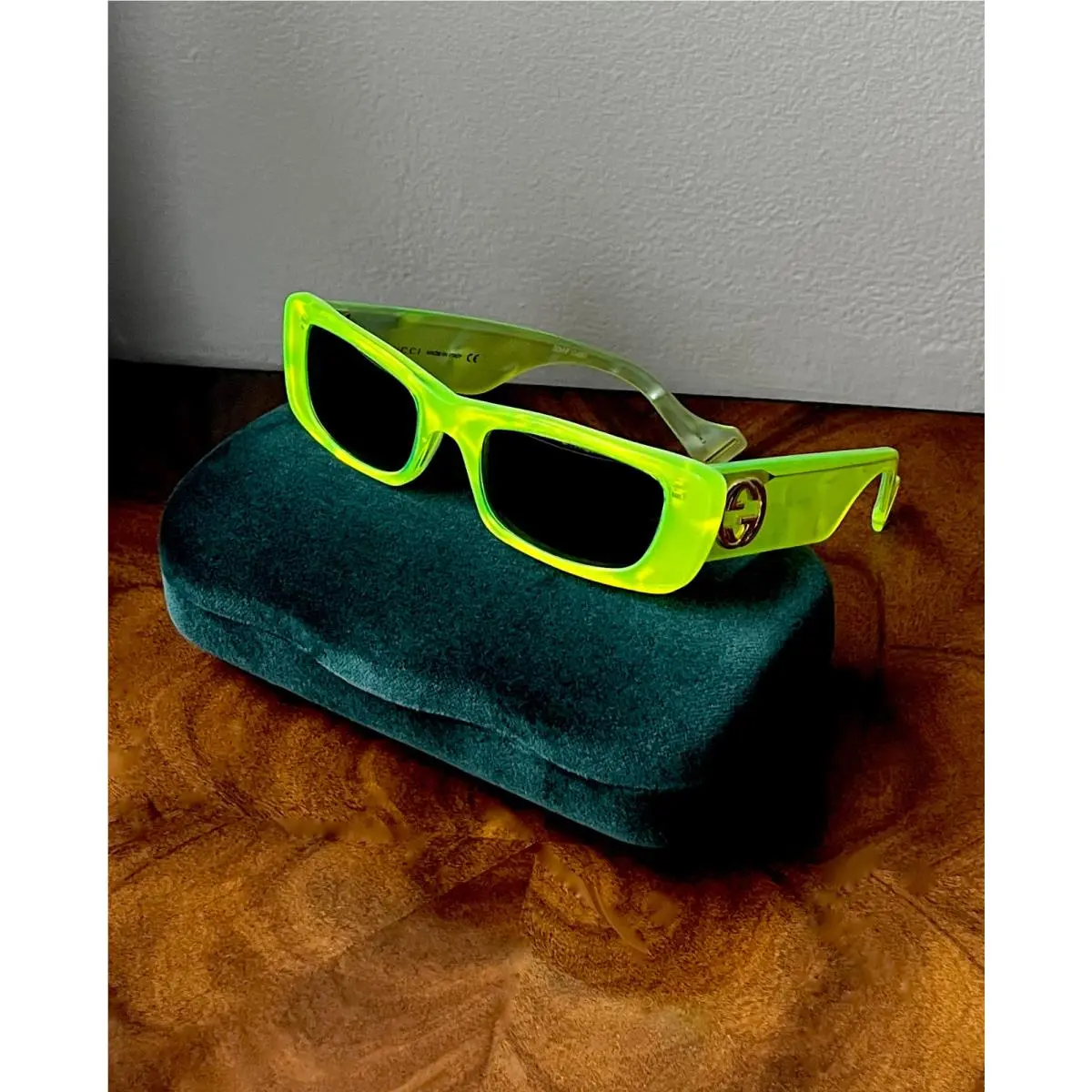 Seasonal Icon Fluorescent Neon Lemon Lime Pearl Slim Rectangle Sunglasses by Gucci