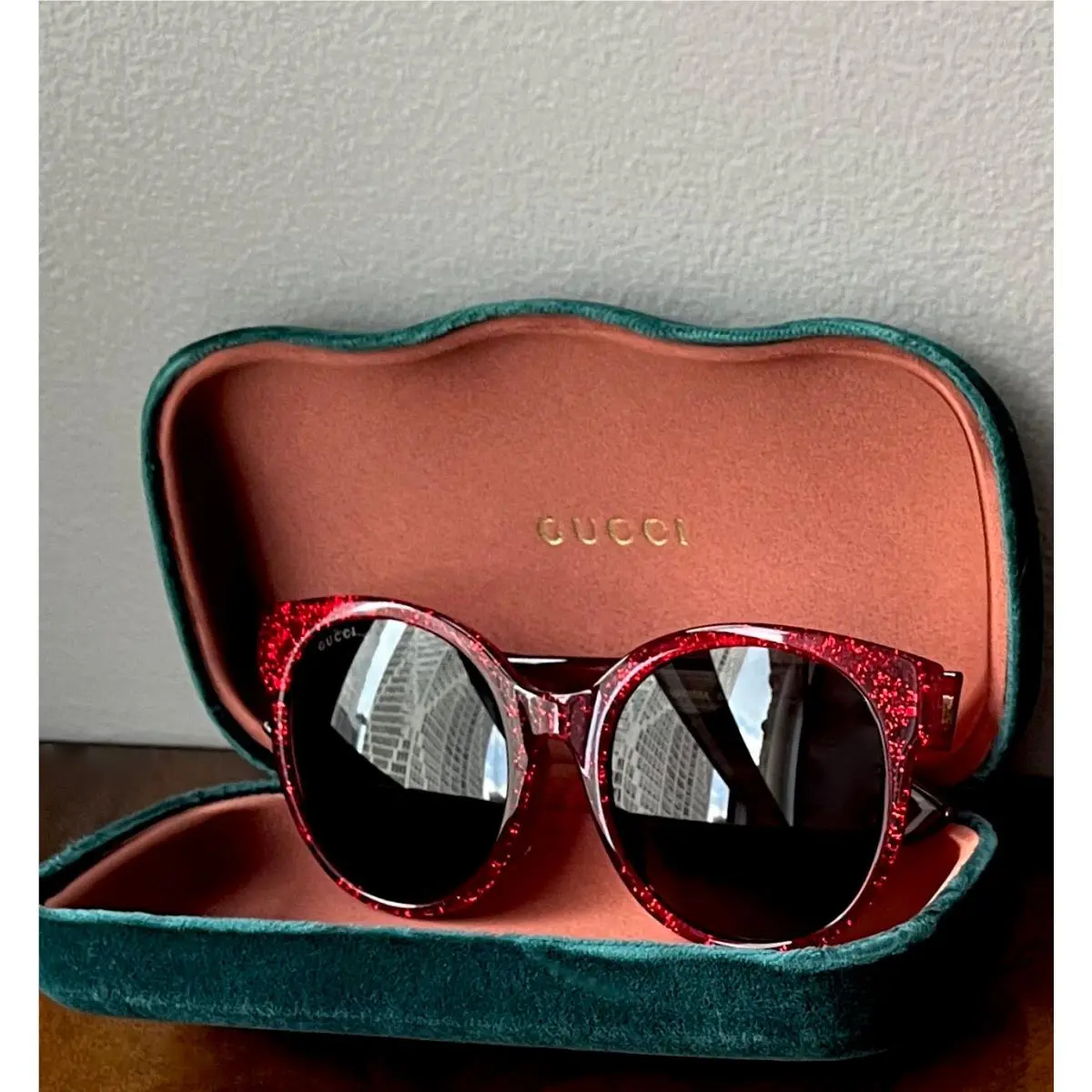 Gucci Oversized Cat Eye Cherry Red Glitter Grey Lens 56mm Optyl Frame Sunglasses