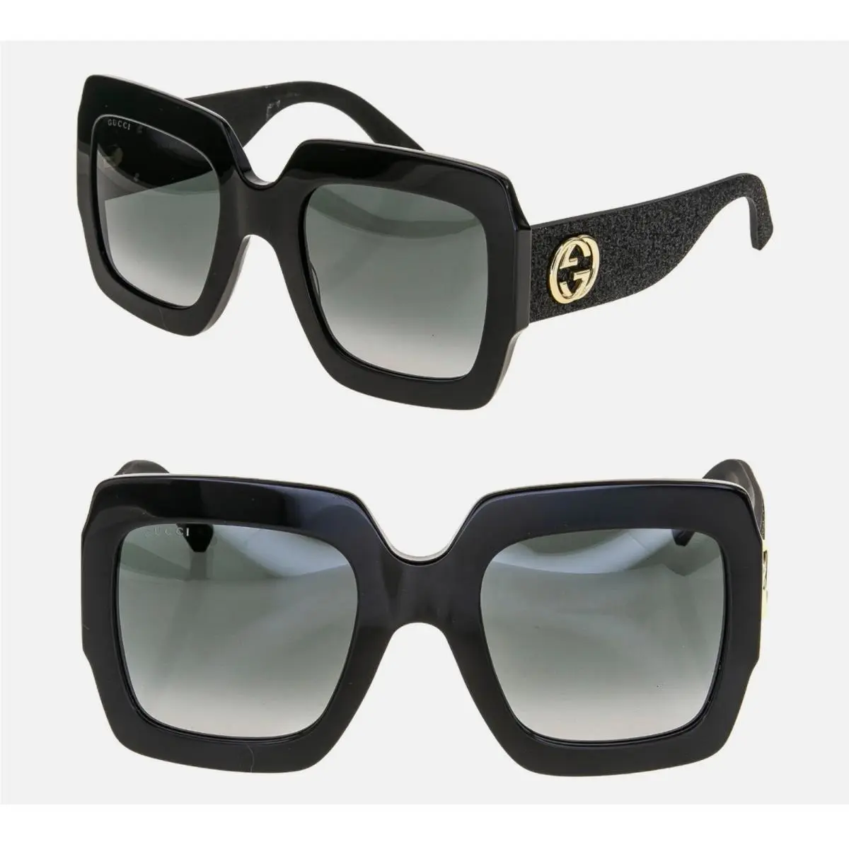 Oversize Square Shiny Black Frame W/black Glitter Arms Sunglasses by Gucci