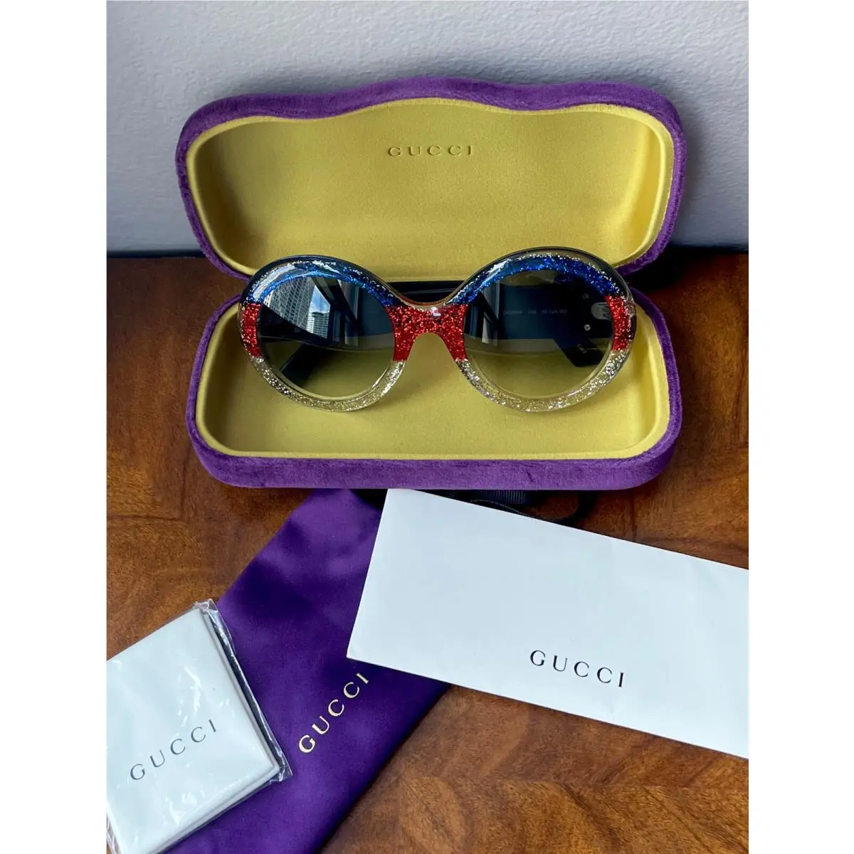 Gucci Multi-color Glitter Frame Gold Glitter Arm Oversized Round Sunglasses