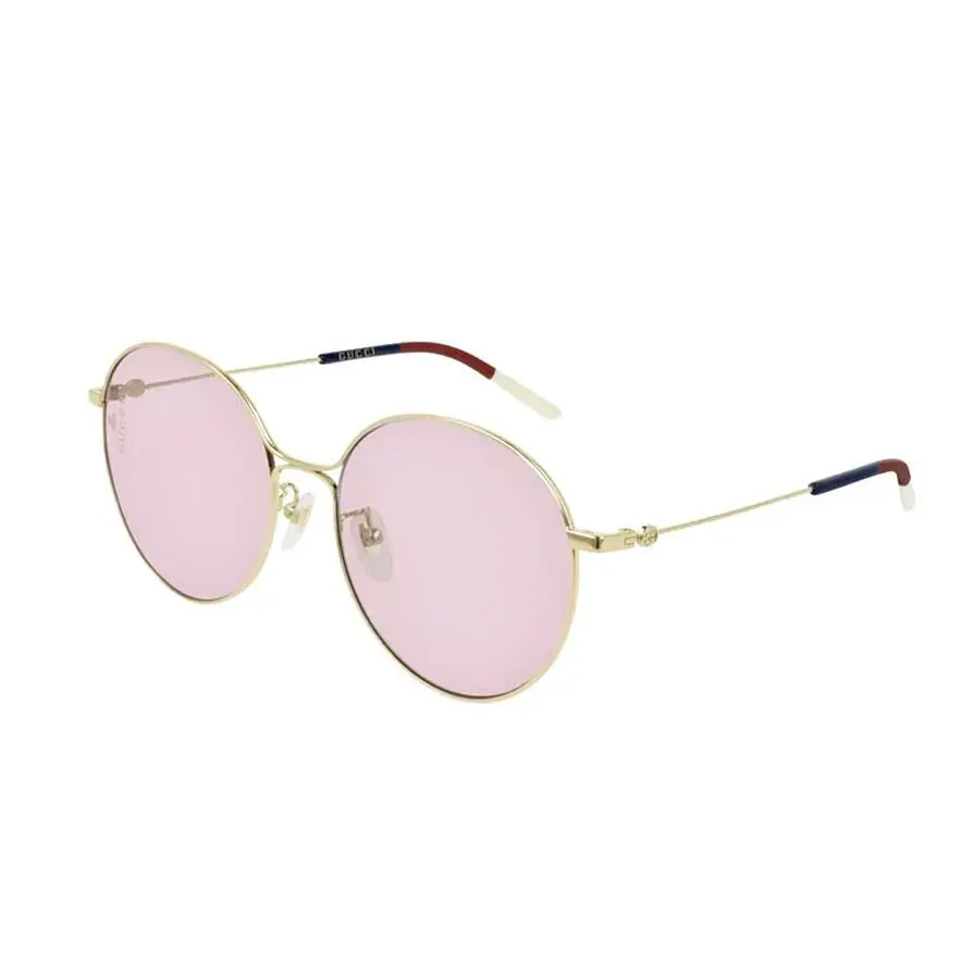 Gucci Retro 56mm Round Pink Lens Gold Metal Frame Sylvie Arm Detail Sunglasses
