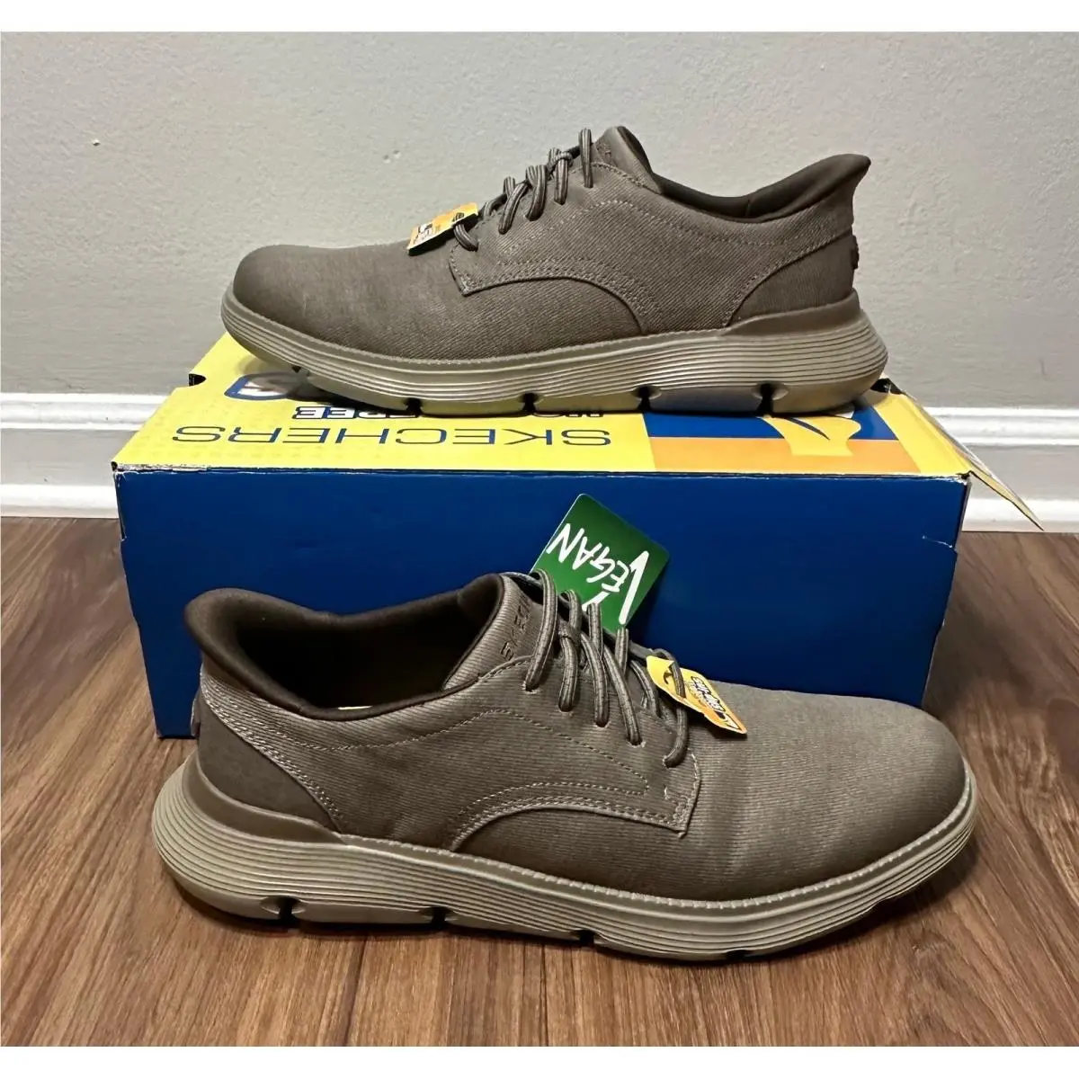 Skechers Slip Ins Garza Clive Vegan Taupe Canvas Lace Up Shoes Men`s Size 11.5