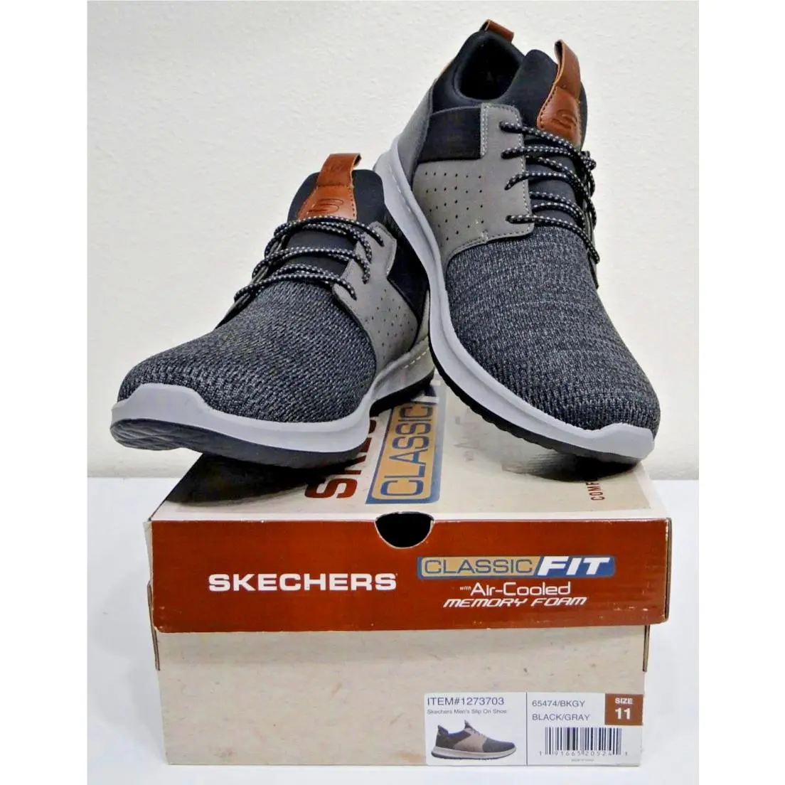 Skechers Men`s Classic Fit Sneakers with Air-cooled Memory Foam Black/gray Sz 11