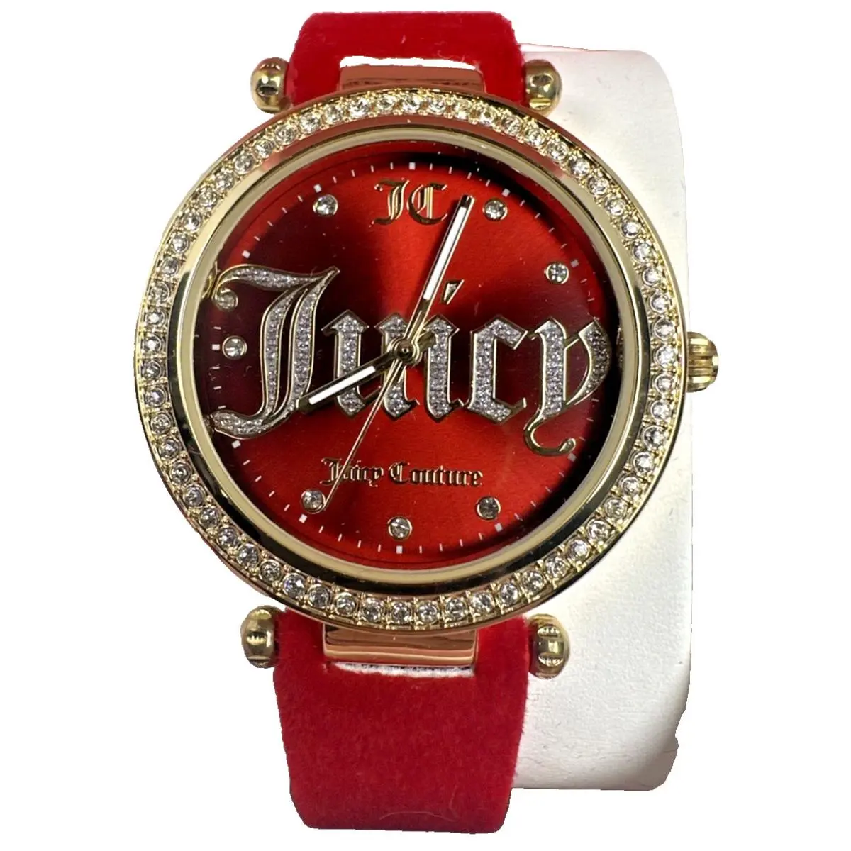 Juicy Couture Red Crystal Logo Watch Gold Tone Velvet Band w Box Y2K