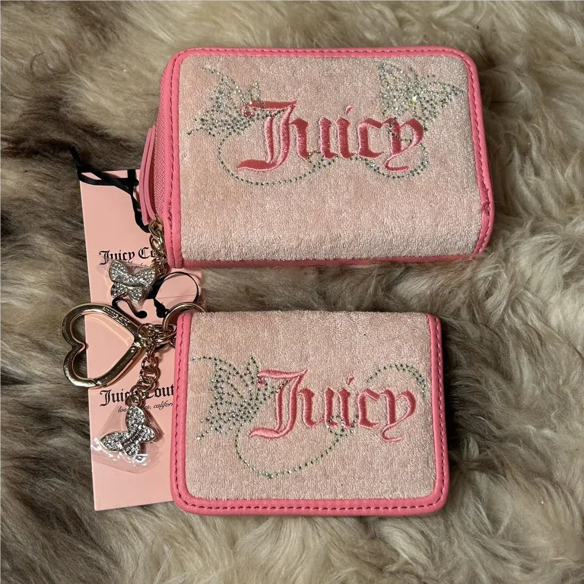 Juicy Couture Wing It Double Zip Wallet Card Case Key Fob Set - Pink