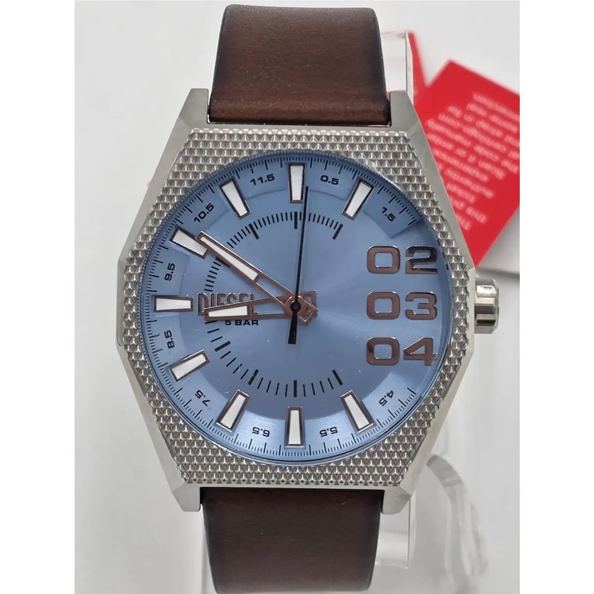 Diesel DZ2174 Scraper Blue Dial Silver Bezel Brown Leather Strap Mens Watch