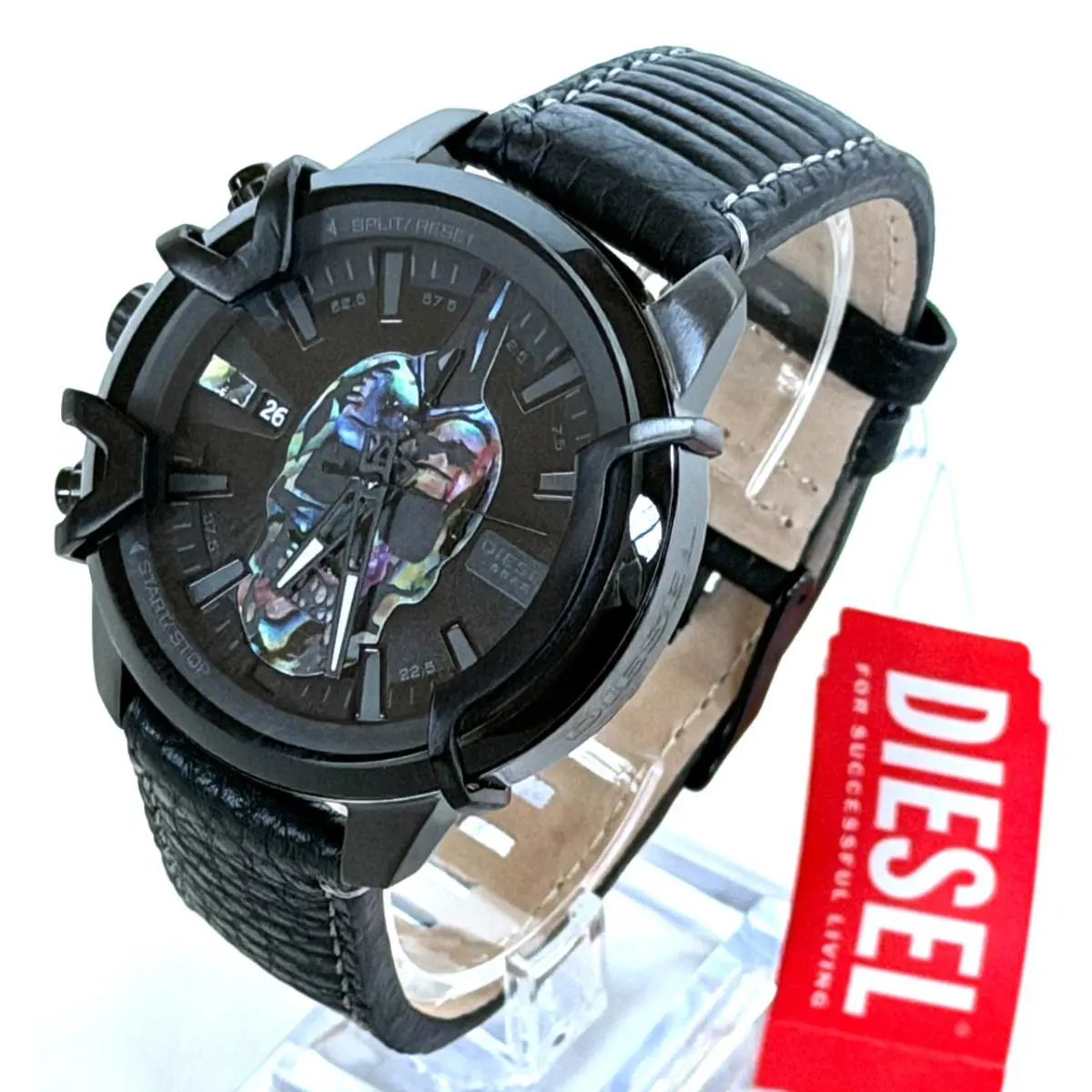 Diesel DZ4576 Griffed Skull Dial Black Leather Strap Watch Gift Box