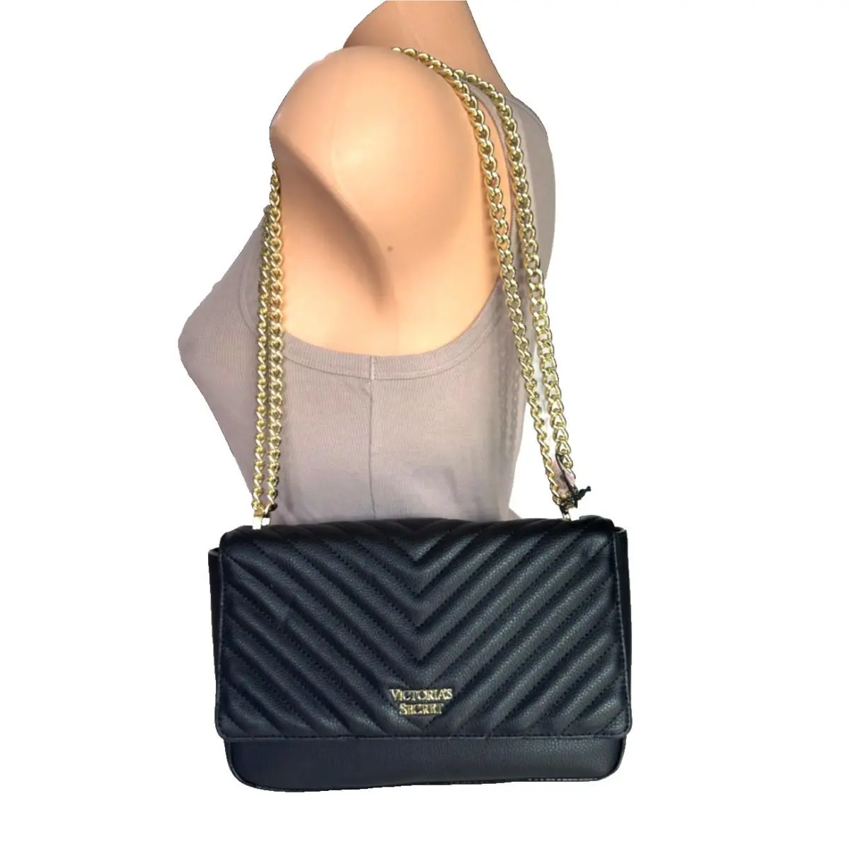 Victoria`s Secret Crossbody Shoulder Purse Chevron Black Midi Bag Gold Cha