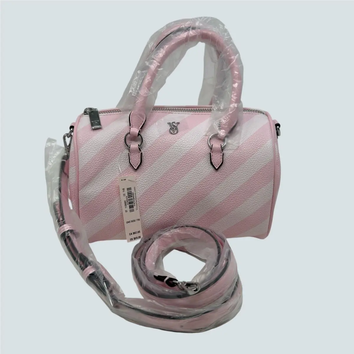 Victorias Secret Pink White Striped Mini Duffle Crossbody Bag with Adjustable
