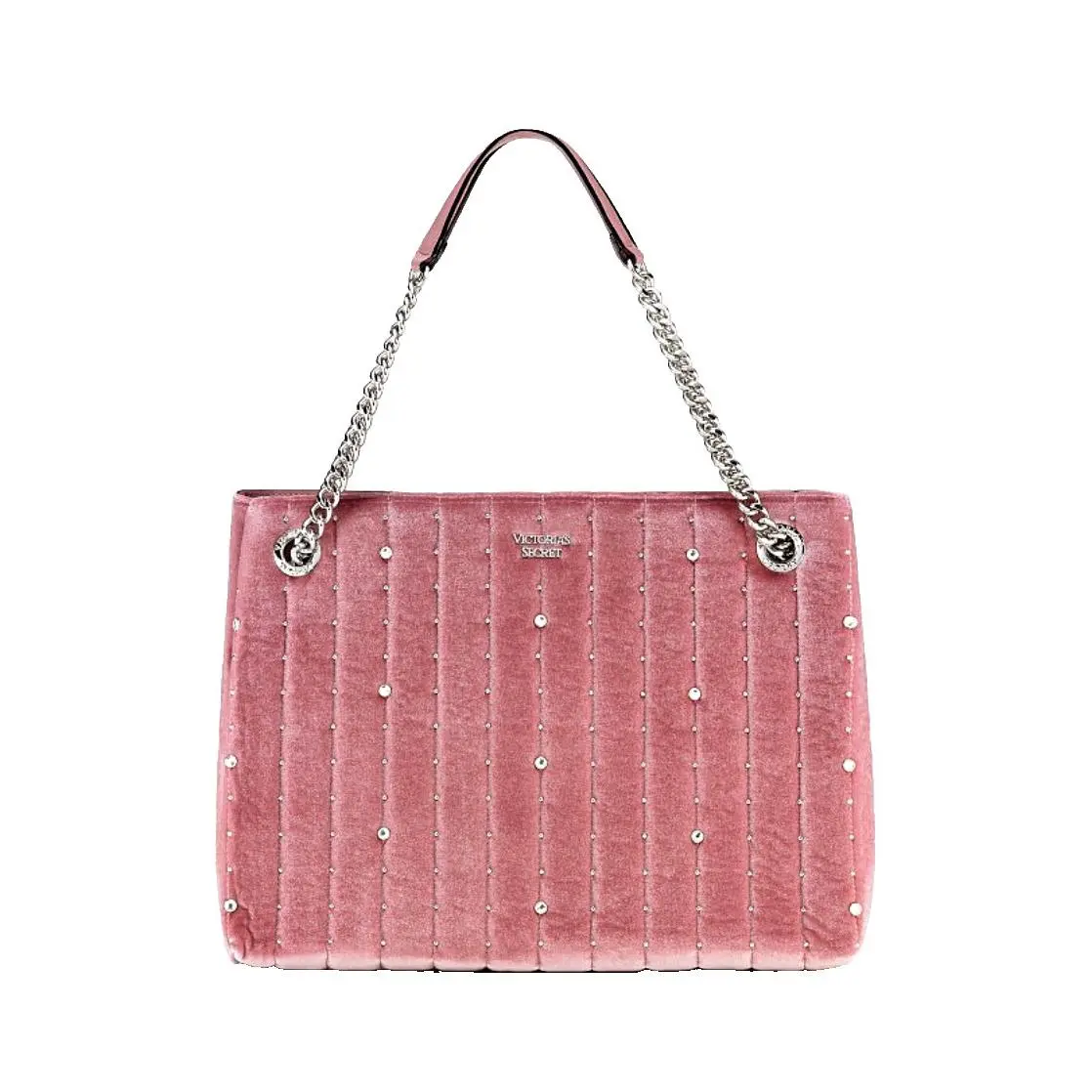 Victoria`s Secret Light Pink Velvet Beaded Large Bag Tote Silver Shoulder Cha