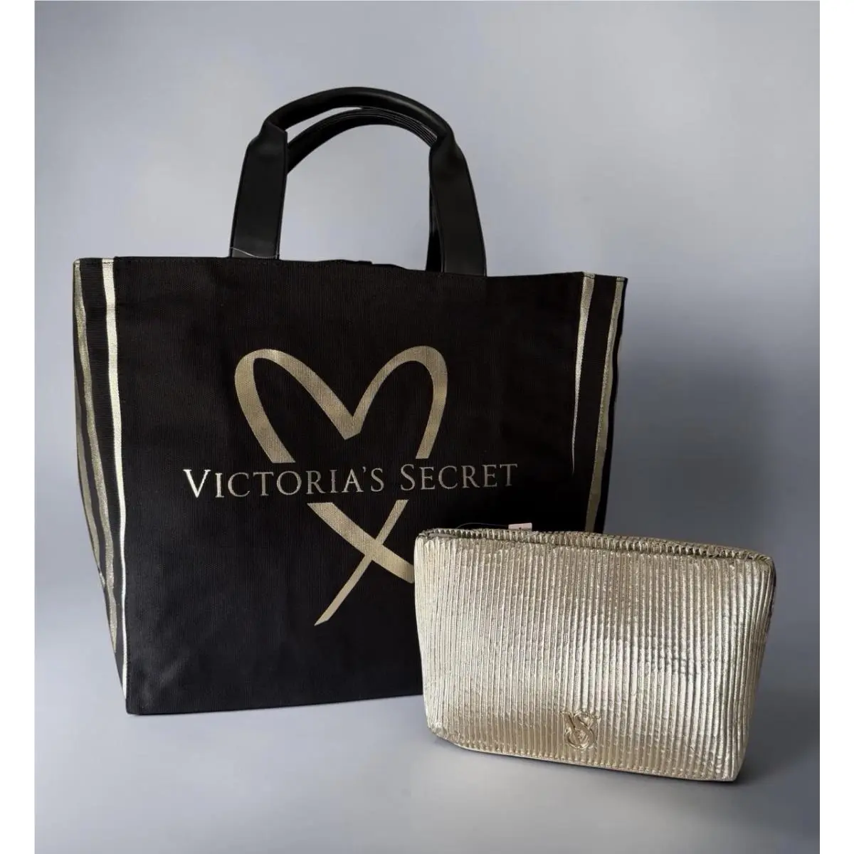 Victoria’s Secret Large Canvas Tote Bag Carryall Gold Makeup Cosmetic Bag